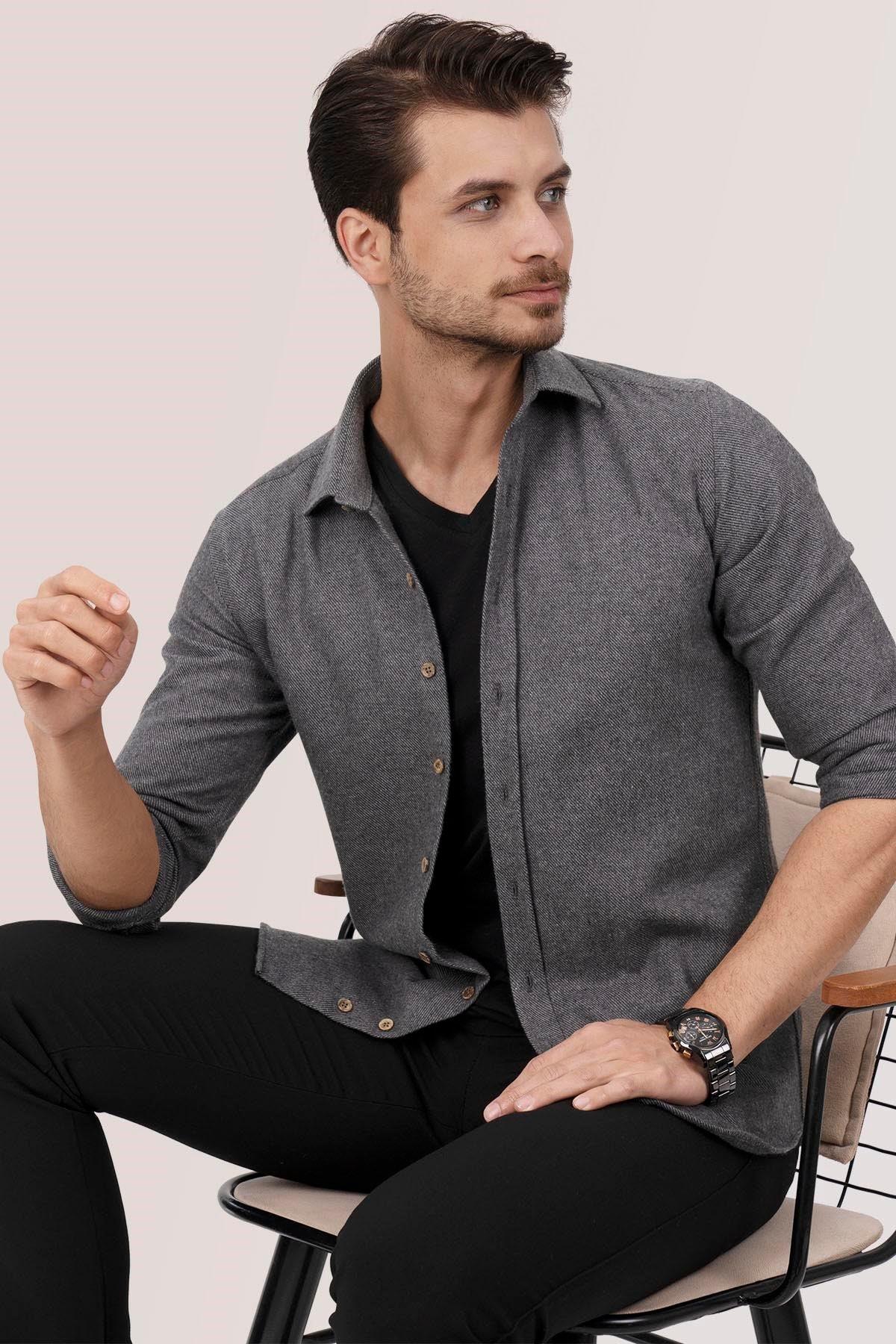 Füme Düz Slimfit Oduncu Erkek Gömlek · 2