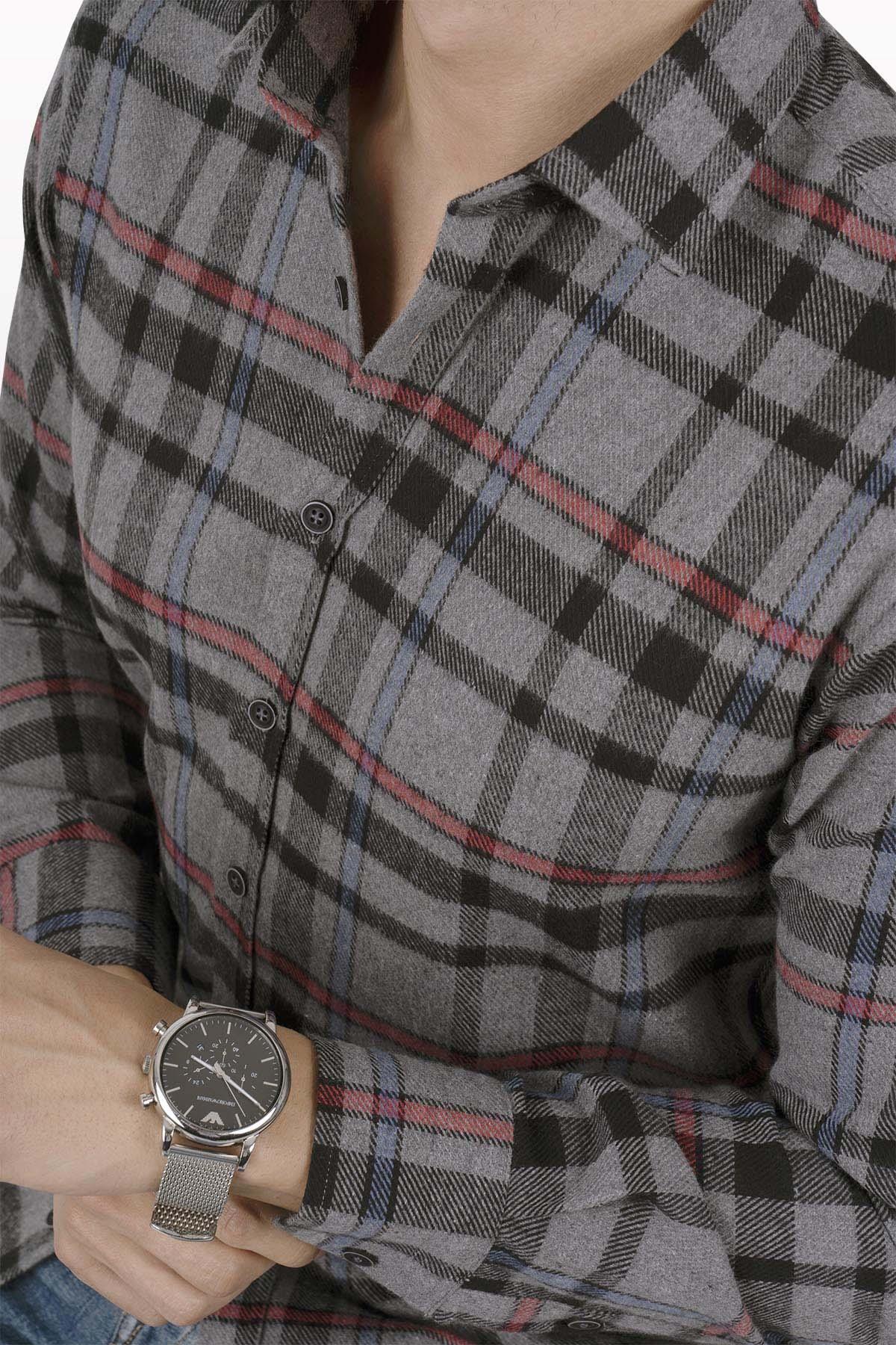 Füme Kırmızı Çizgili Slimfit Oduncu Erkek Gömlek
