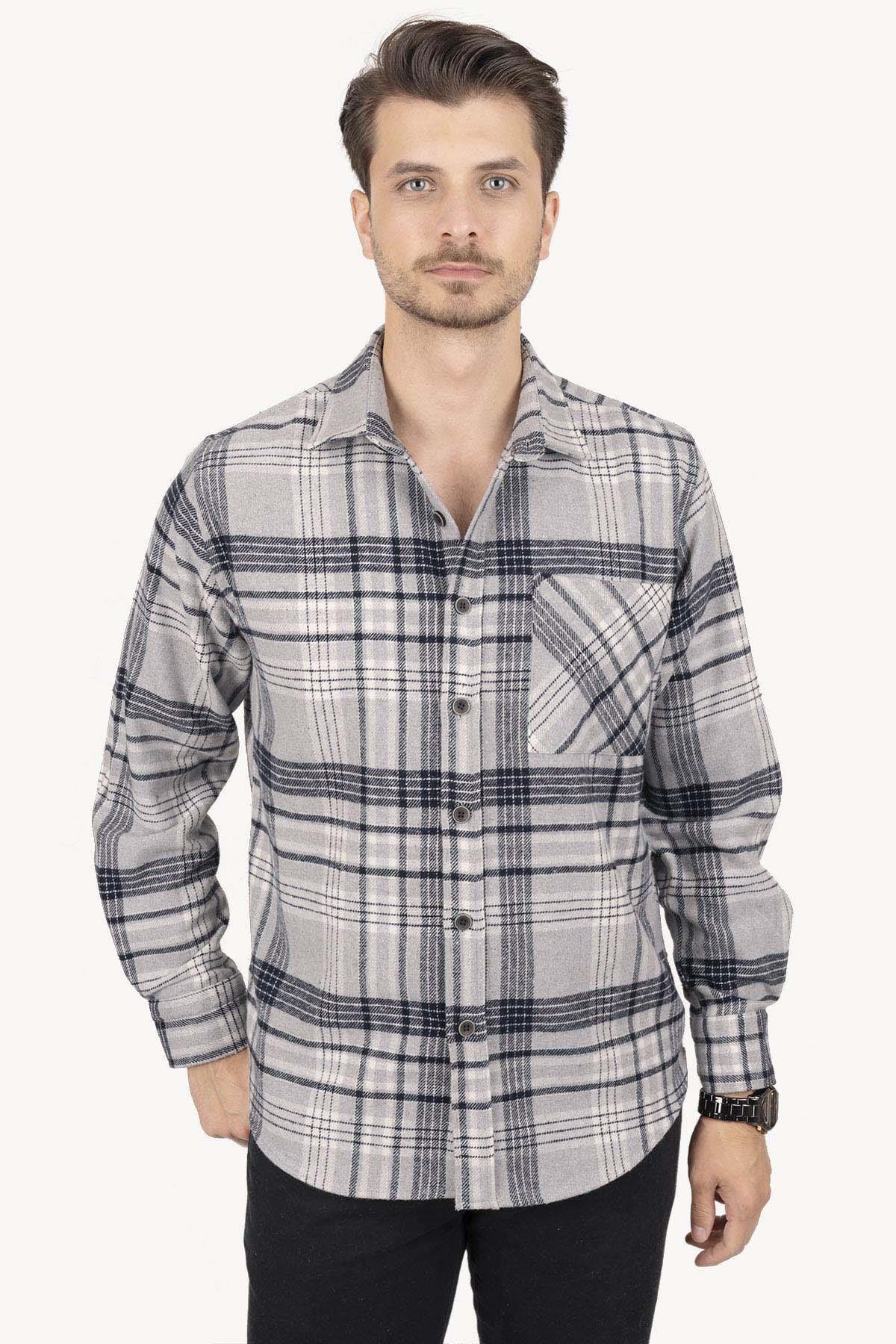 Gri Lacivert Çizgili Oversize Oduncu Erkek Gömlek · 4