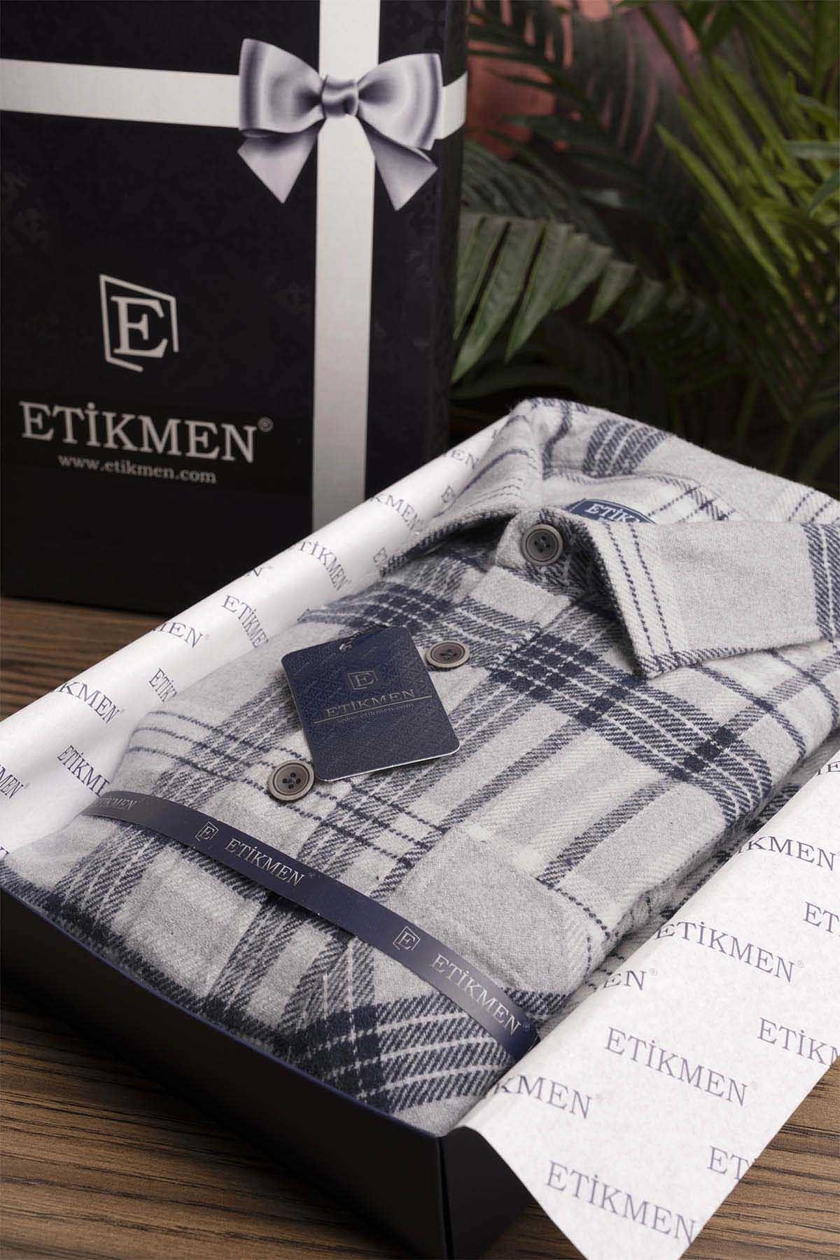 Gri Lacivert Çizgili Oversize Oduncu Erkek Gömlek · 5