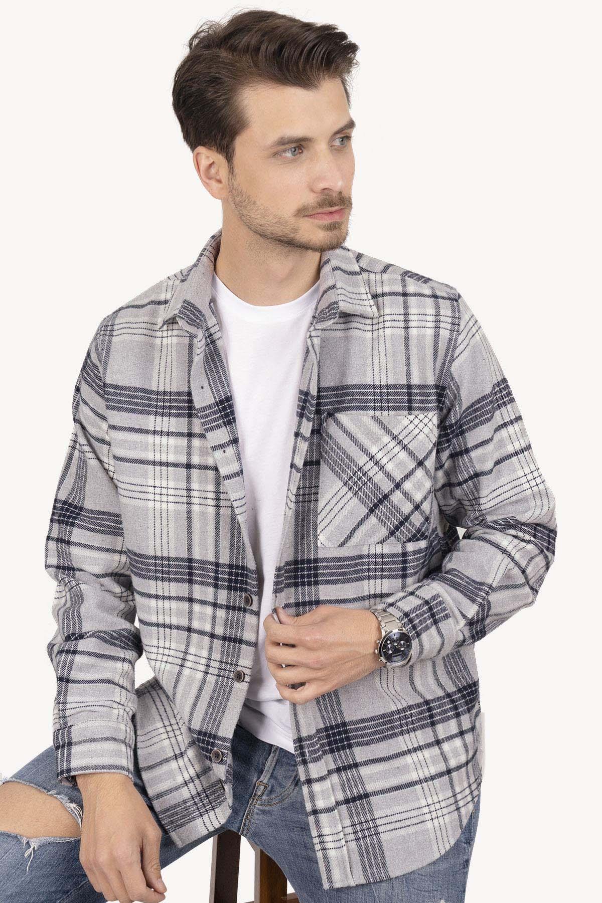 Gri Lacivert Çizgili Oversize Oduncu Erkek Gömlek · 6