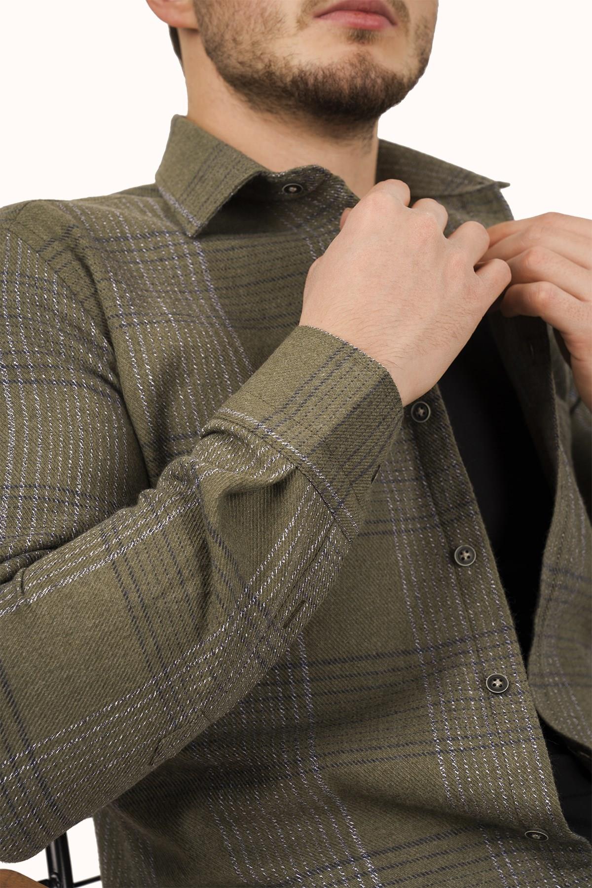 Haki Çizgili Slimfit Oduncu Erkek Gömlek · 8