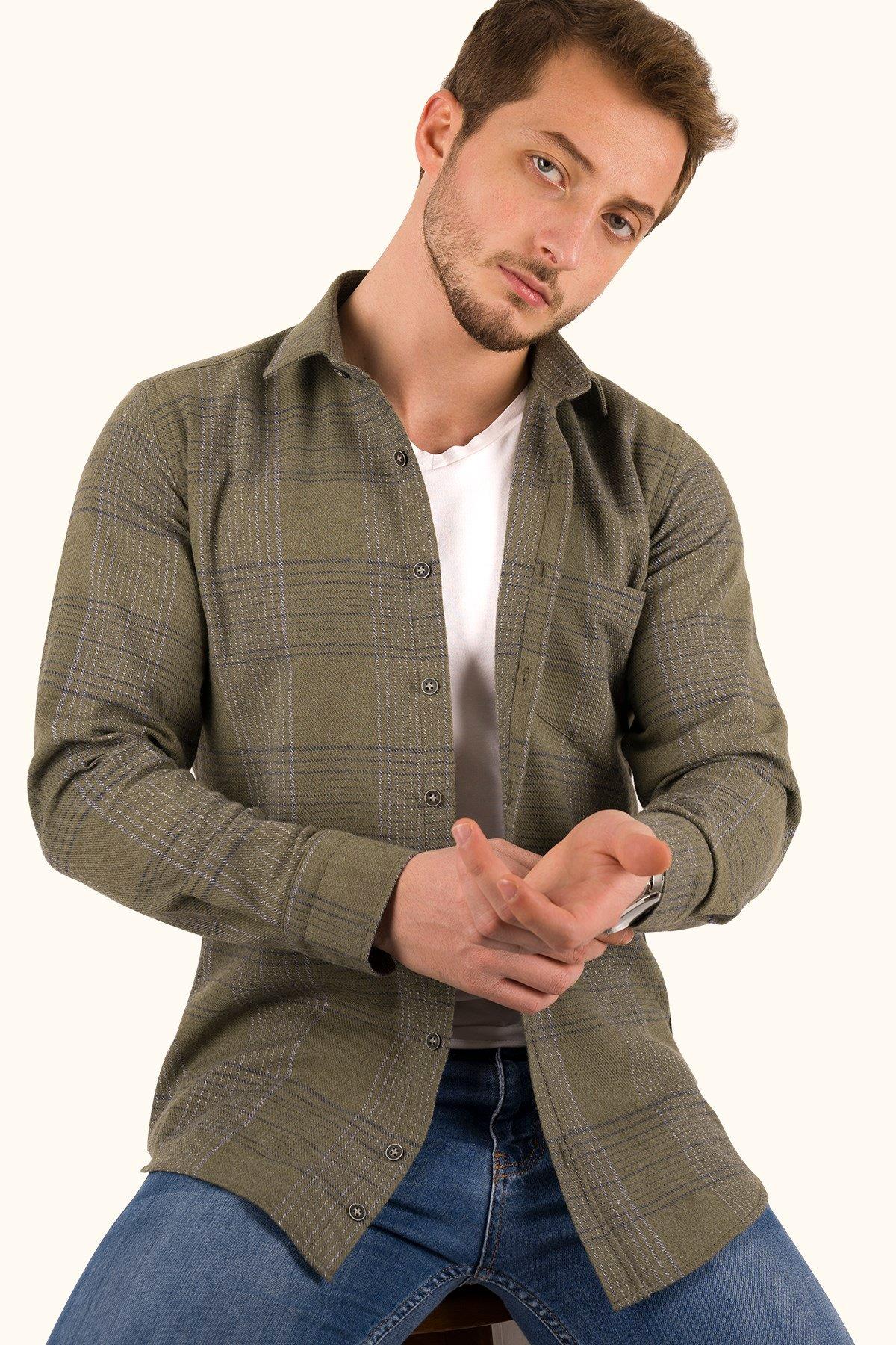 Haki Çizgili Slimfit Oduncu Erkek Gömlek · 2