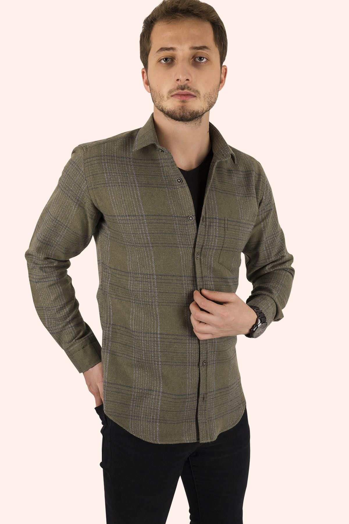 Haki Çizgili Slimfit Oduncu Erkek Gömlek · 9