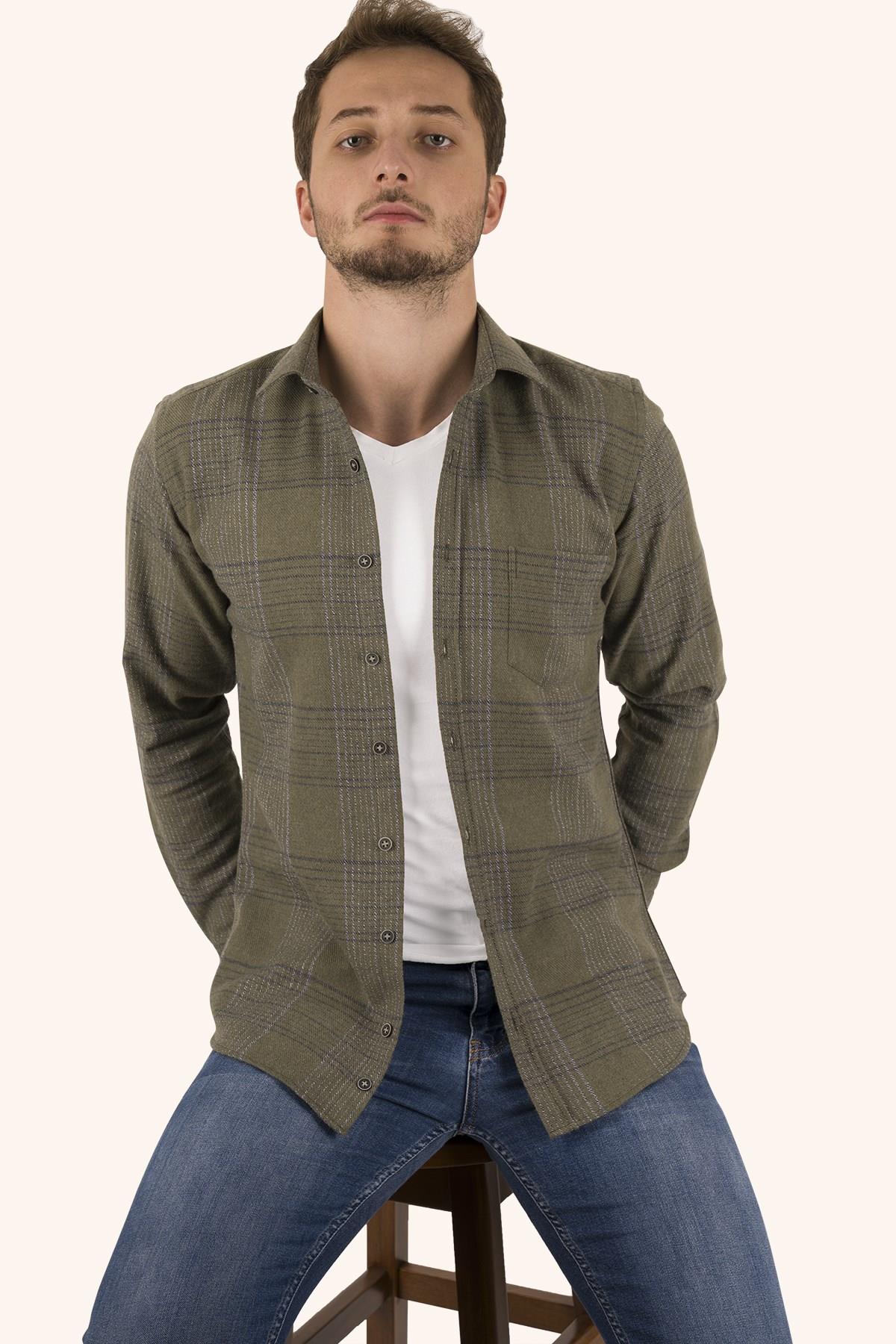 Haki Çizgili Slimfit Oduncu Erkek Gömlek · 6