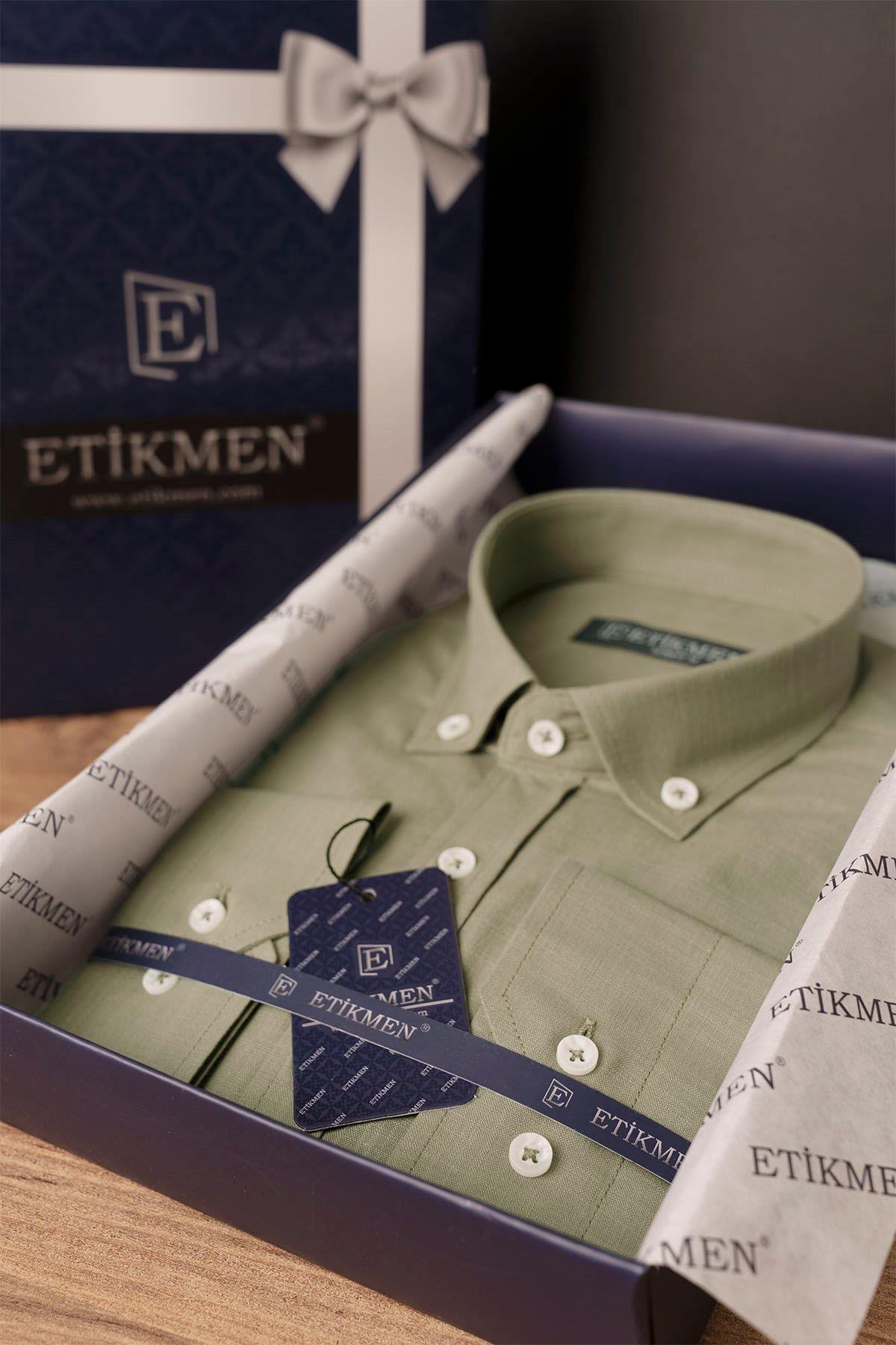 Haki Yaka Düğmeli Keten Slimfit Erkek Gömlek · 4