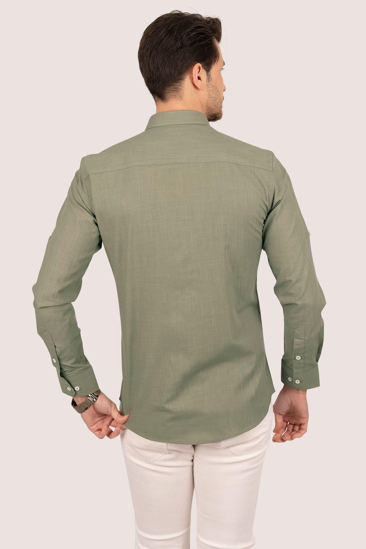 Haki Yaka Düğmeli Keten Slimfit Erkek Gömlek · 7