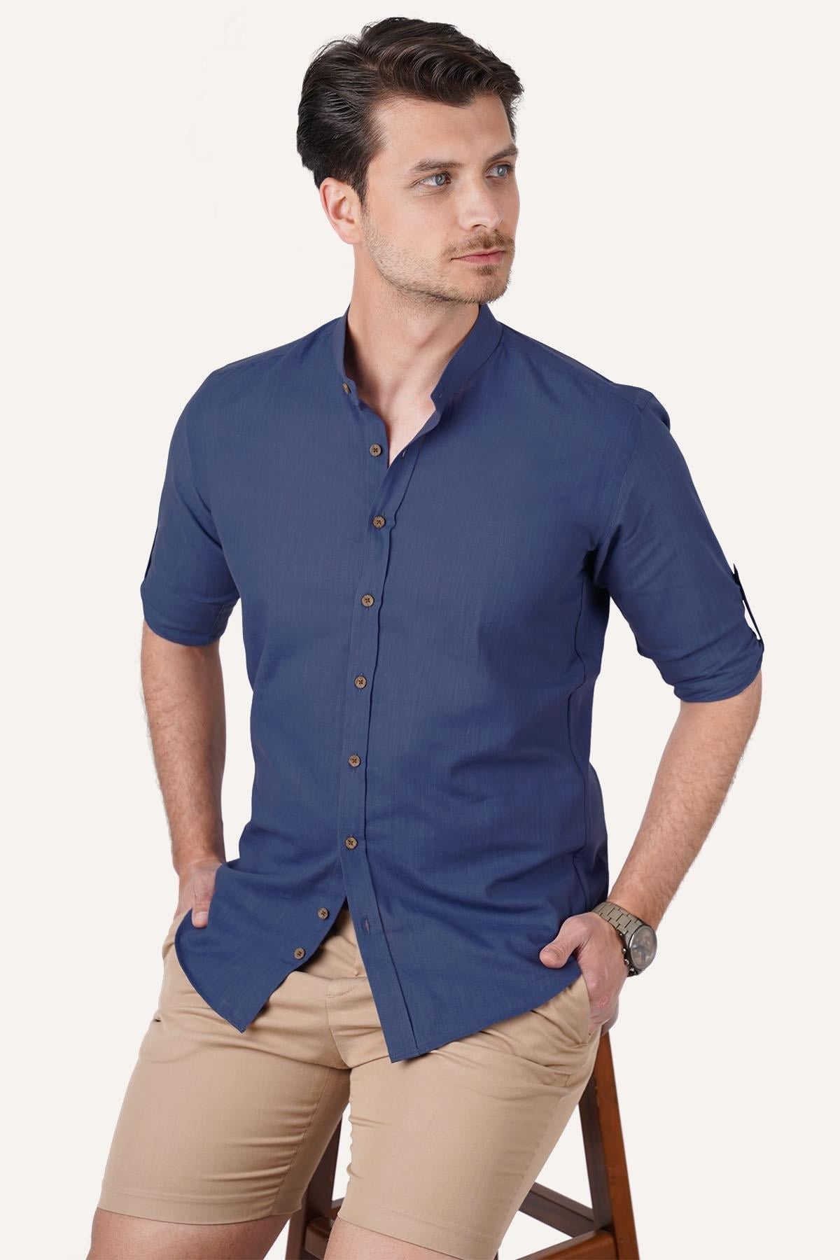 indigo Hakim Yaka Slimfit Keten Erkek Gömlek · 2