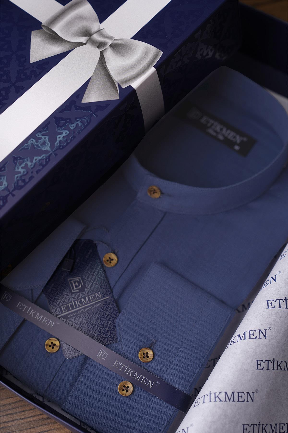 indigo Hakim Yaka Slimfit Keten Erkek Gömlek · 5