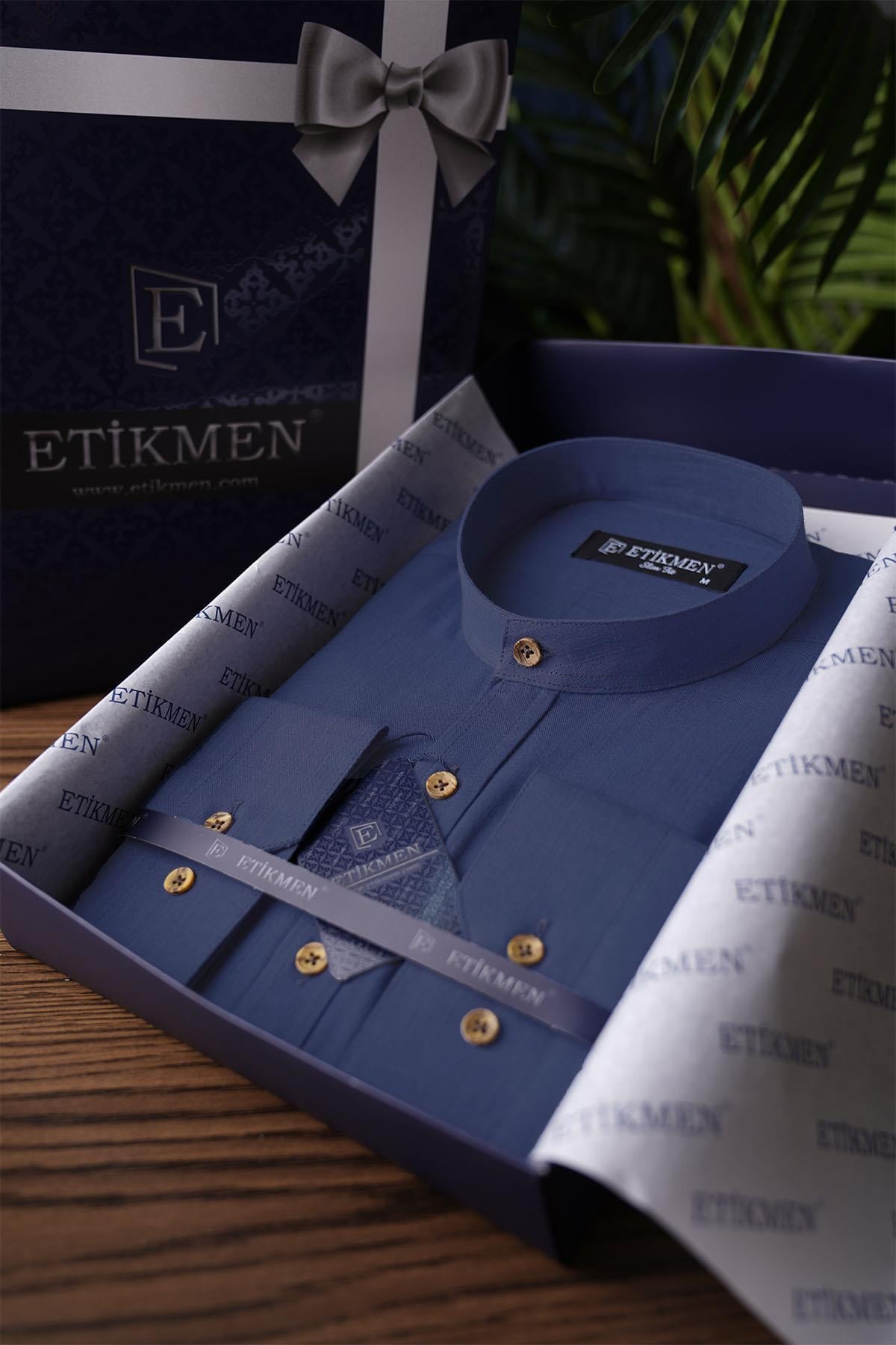 indigo Hakim Yaka Slimfit Keten Erkek Gömlek · 3