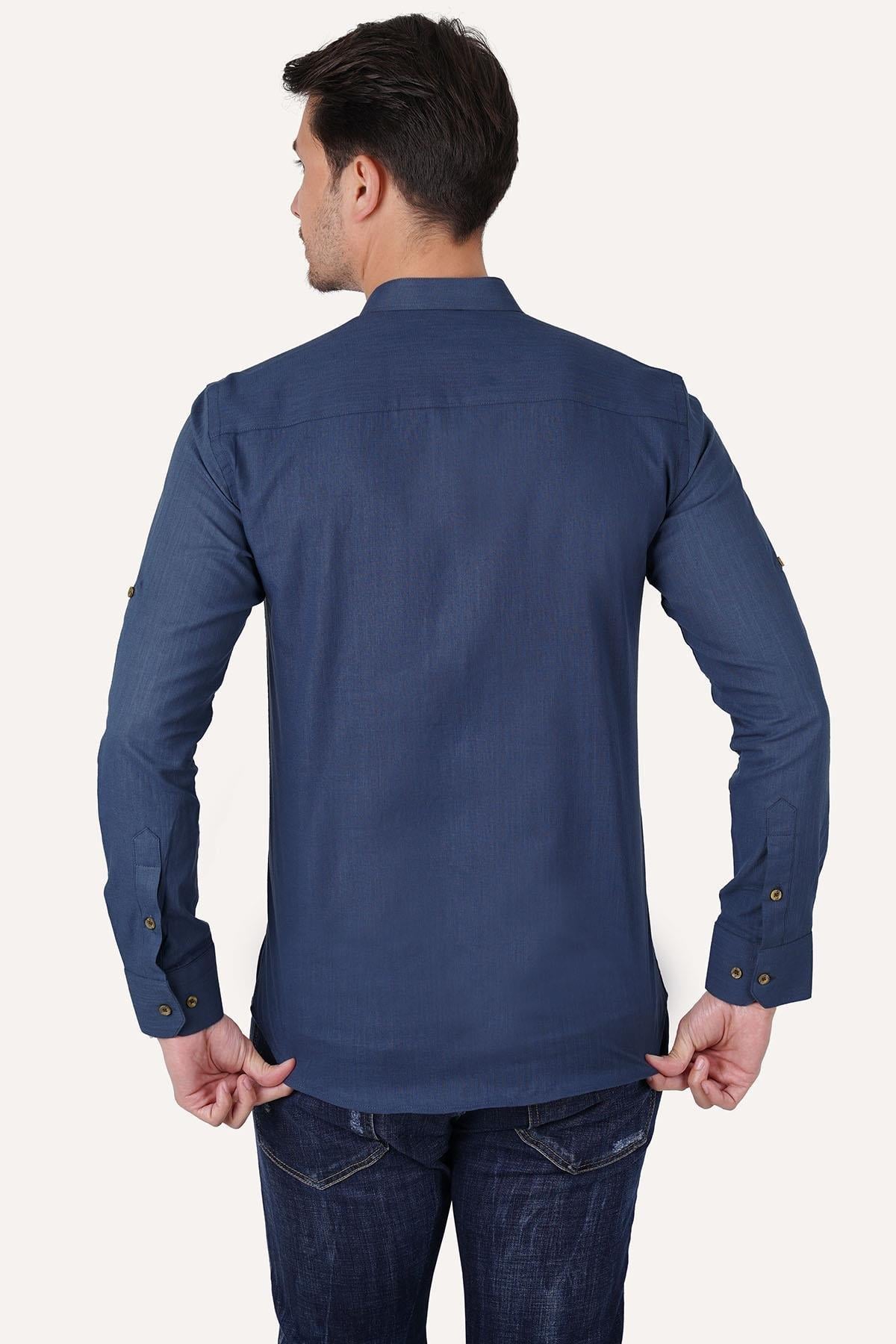 indigo Hakim Yaka Slimfit Keten Erkek Gömlek · 6