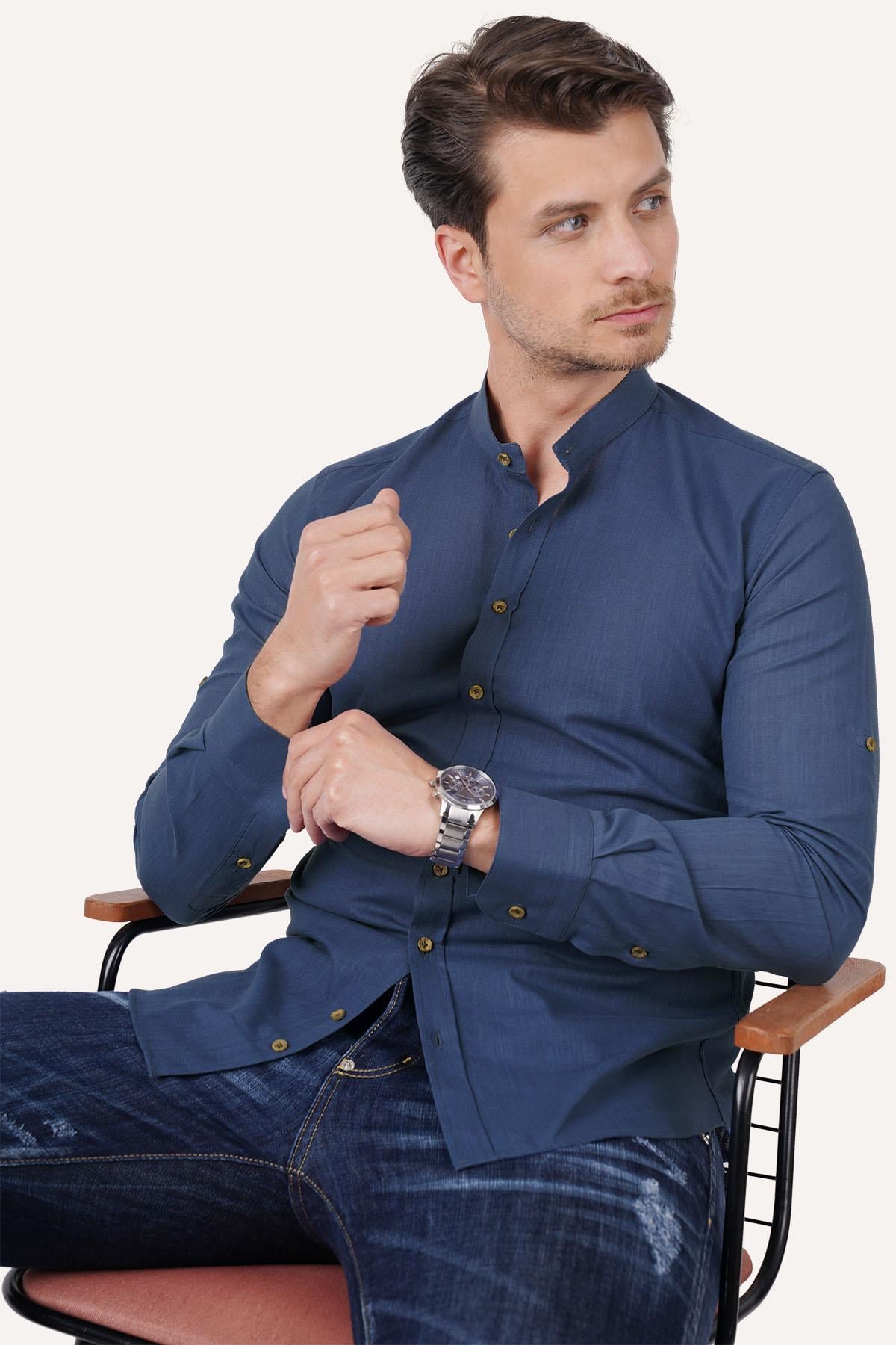 indigo Hakim Yaka Slimfit Keten Erkek Gömlek · 4
