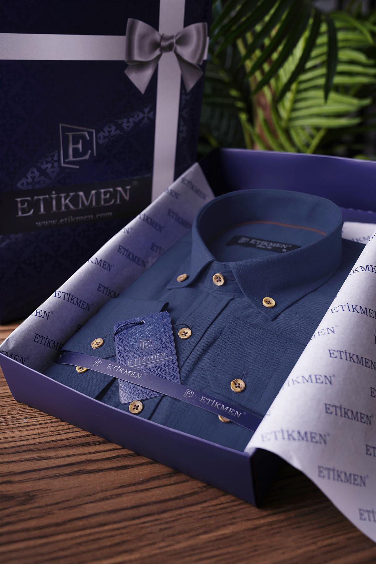indigo Yaka Düğmeli Keten Slimfit Erkek Gömlek · 5