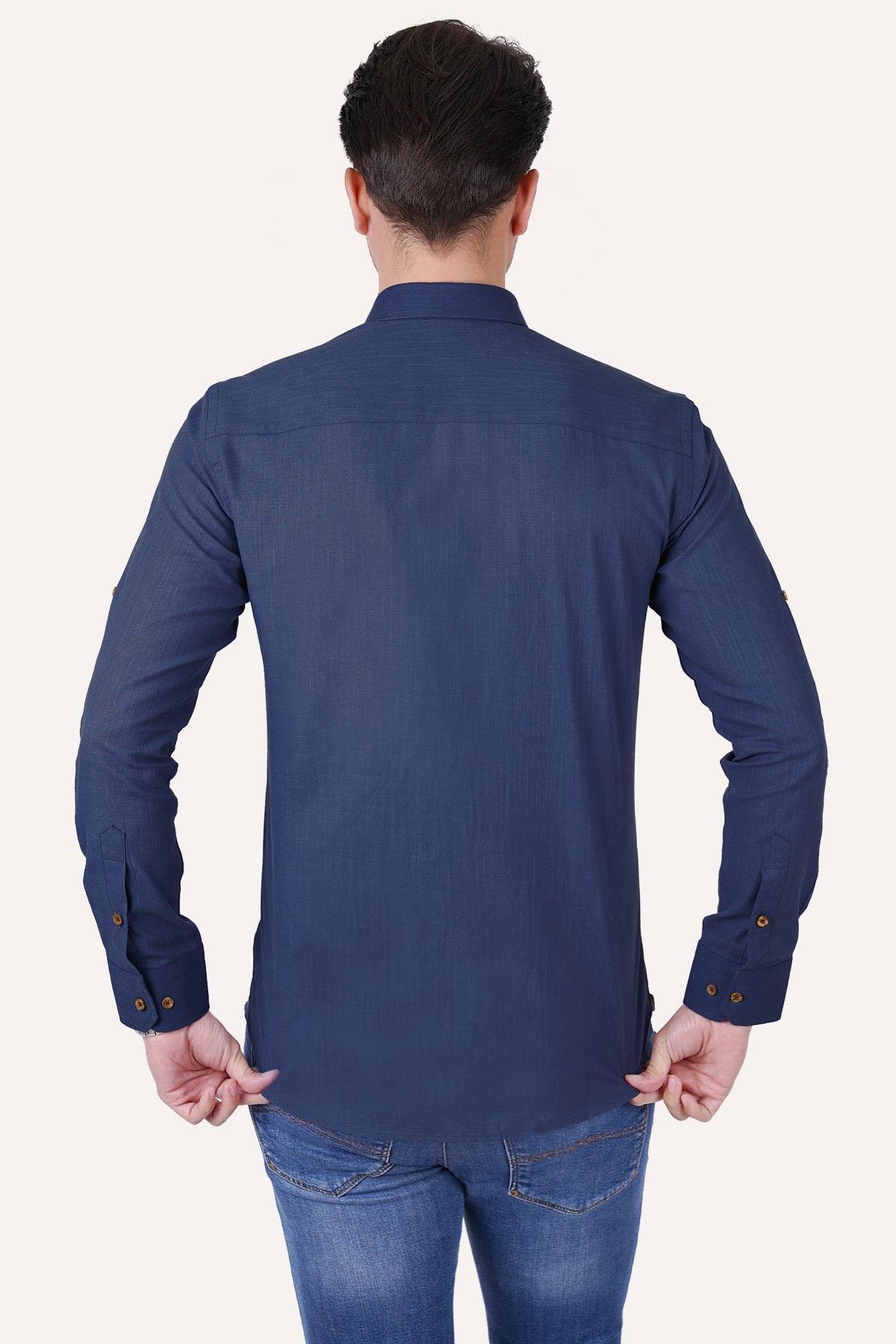 indigo Yaka Düğmeli Keten Slimfit Erkek Gömlek · 7