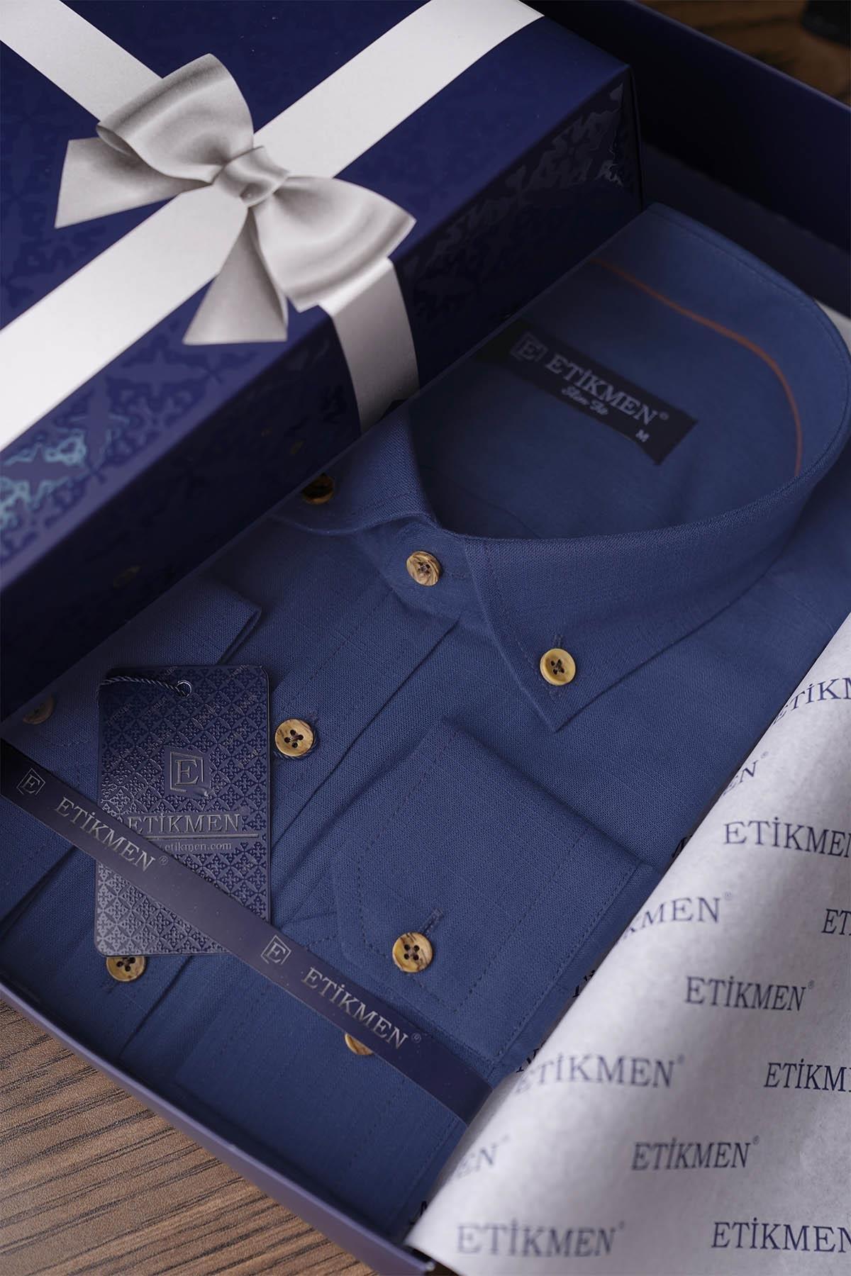 indigo Yaka Düğmeli Keten Slimfit Erkek Gömlek · 8