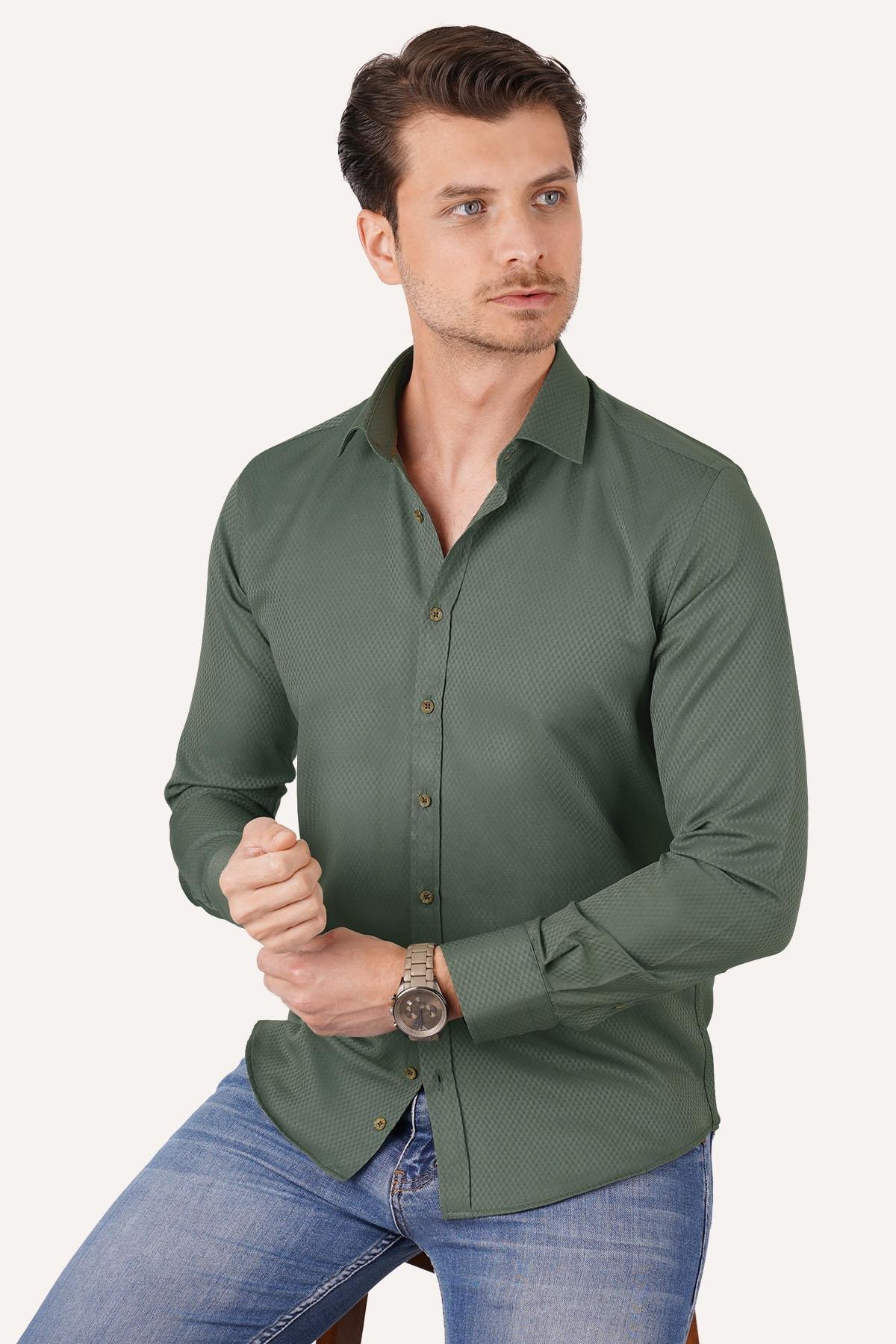 Kaktüs Yeşili Kahve Düğme Slimfit Erkek Gömlek · 3