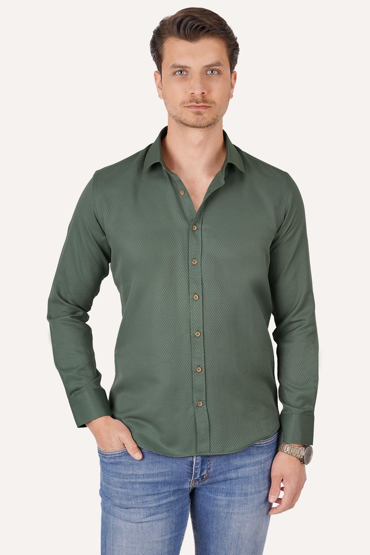Kaktüs Yeşili Kahve Düğme Slimfit Erkek Gömlek · 6