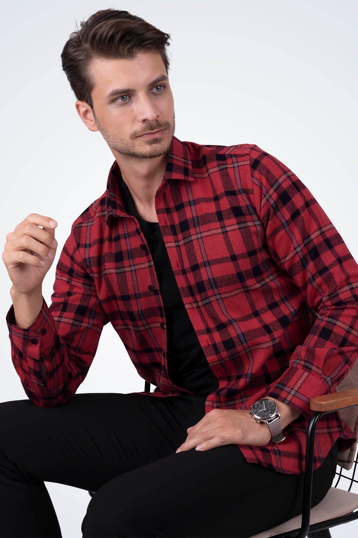 Kırmızı Mavi Çizgili Slimfit Oduncu Erkek Gömlek · 4