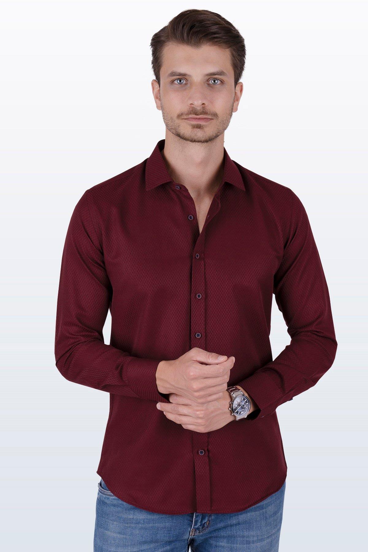 Koyu Bordo Baklava Desen Slimfit Erkek Gömlek · 7