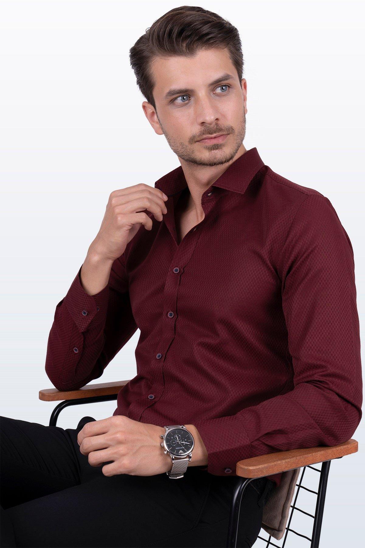 Koyu Bordo Baklava Desen Slimfit Erkek Gömlek · 3