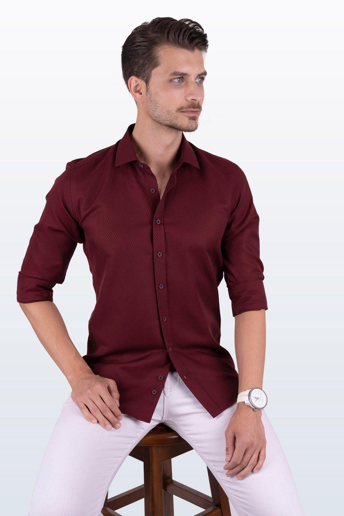 Koyu Bordo Baklava Desen Slimfit Erkek Gömlek · 4