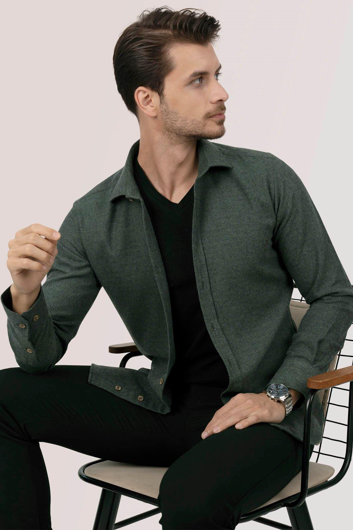 Koyu Yeşil Düz Slimfit Oduncu Erkek Gömlek · 2