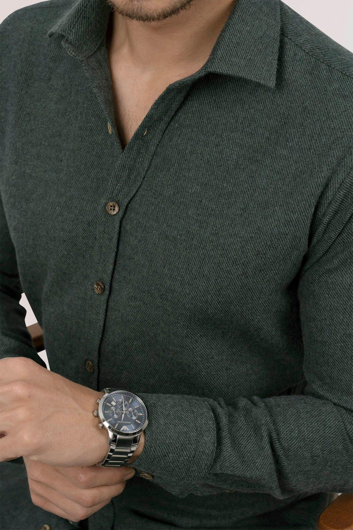 Koyu Yeşil Düz Slimfit Oduncu Erkek Gömlek