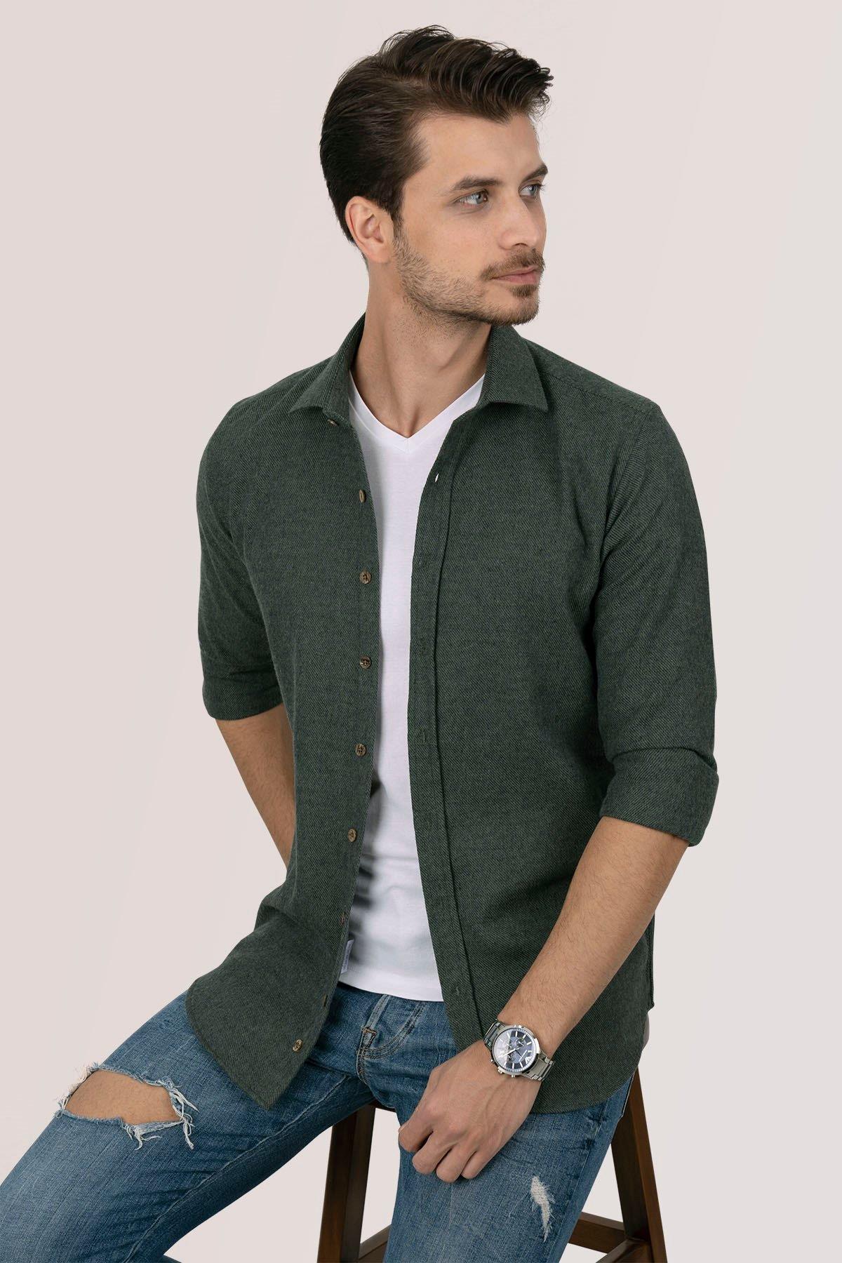 Koyu Yeşil Düz Slimfit Oduncu Erkek Gömlek · 4