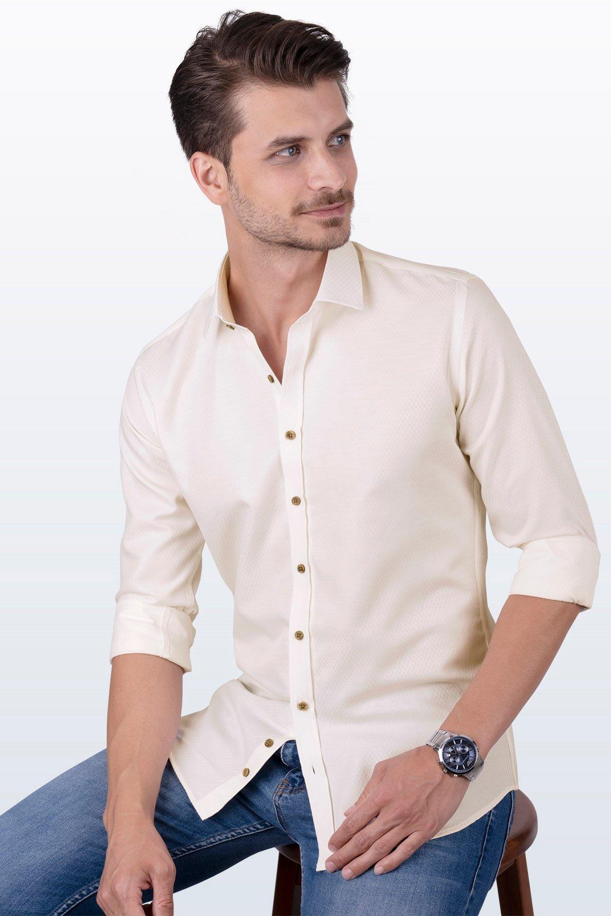 Krem Baklava Desen Slimfit Erkek Gömlek · 6