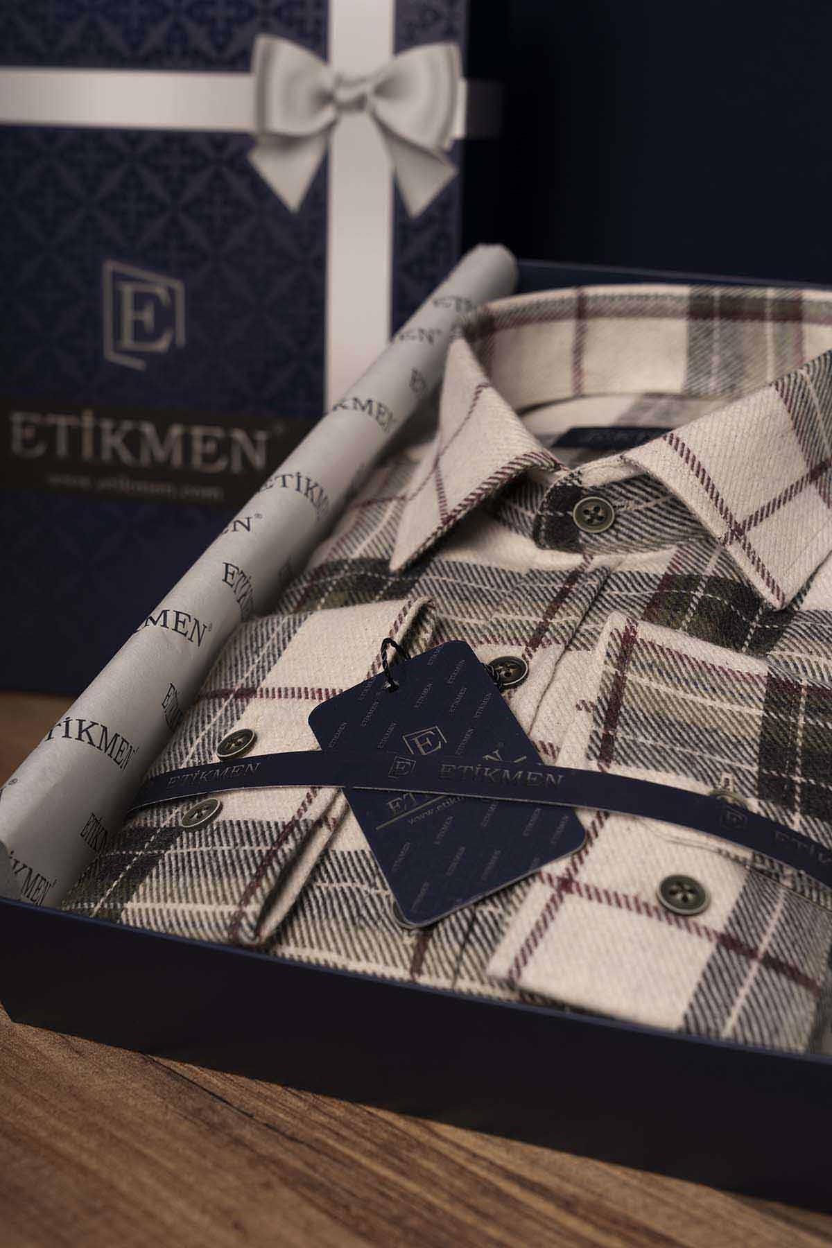 Krem Yeşil Desenli Slimfit Oduncu Erkek Gömlek · 3