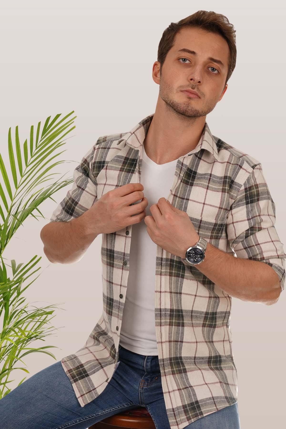 Krem Yeşil Desenli Slimfit Oduncu Erkek Gömlek · 2