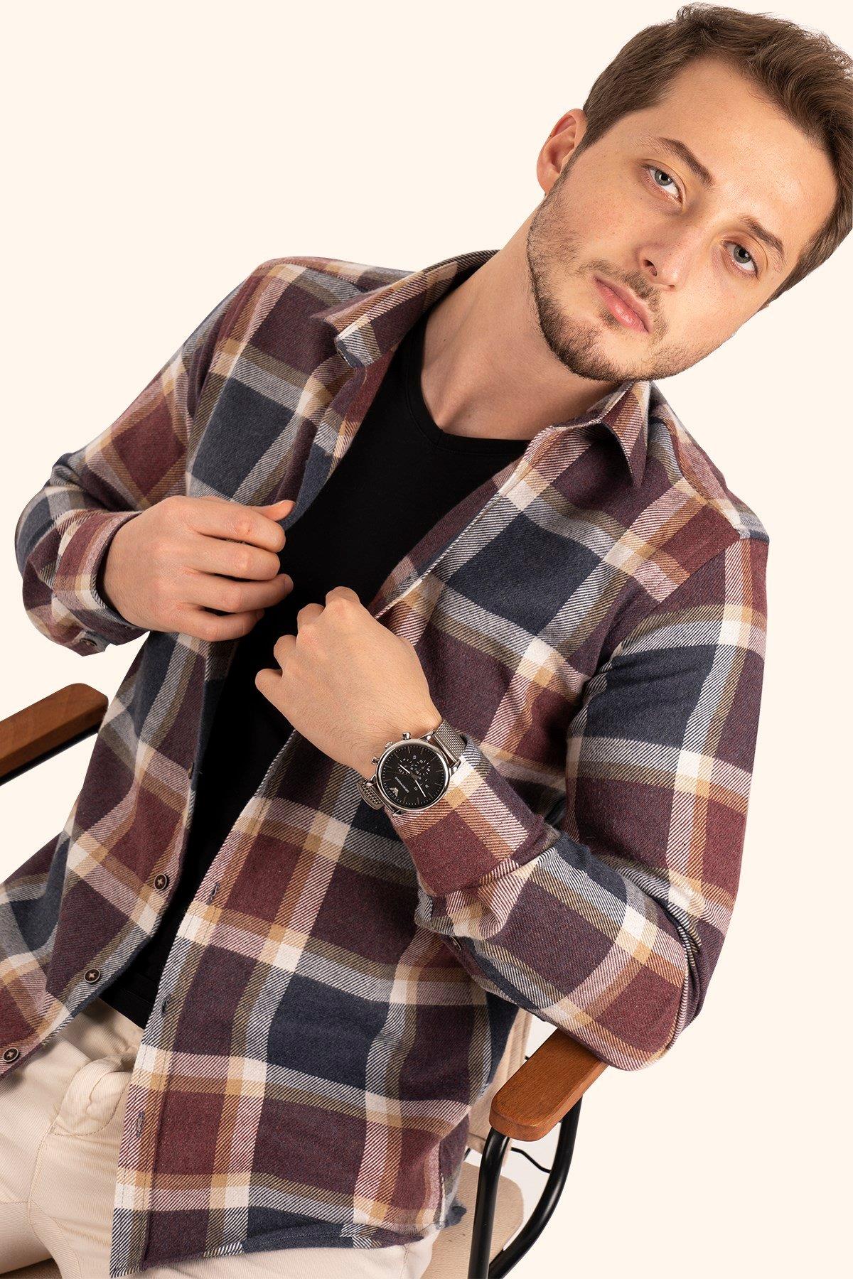 Lacivert Bordo Desenli Slimfit Oduncu Erkek Gömlek · 4