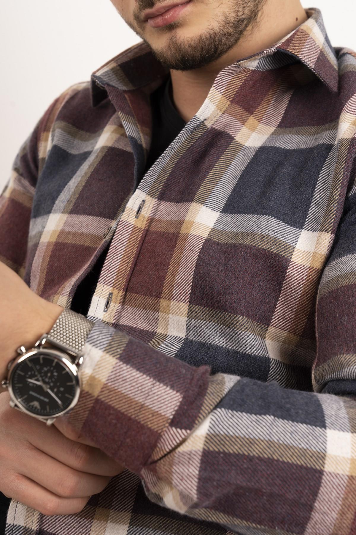 Lacivert Bordo Desenli Slimfit Oduncu Erkek Gömlek