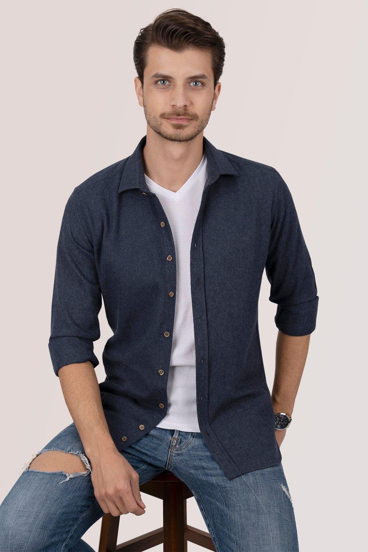 Lacivert Düz Slimfit Oduncu Erkek Gömlek · 4