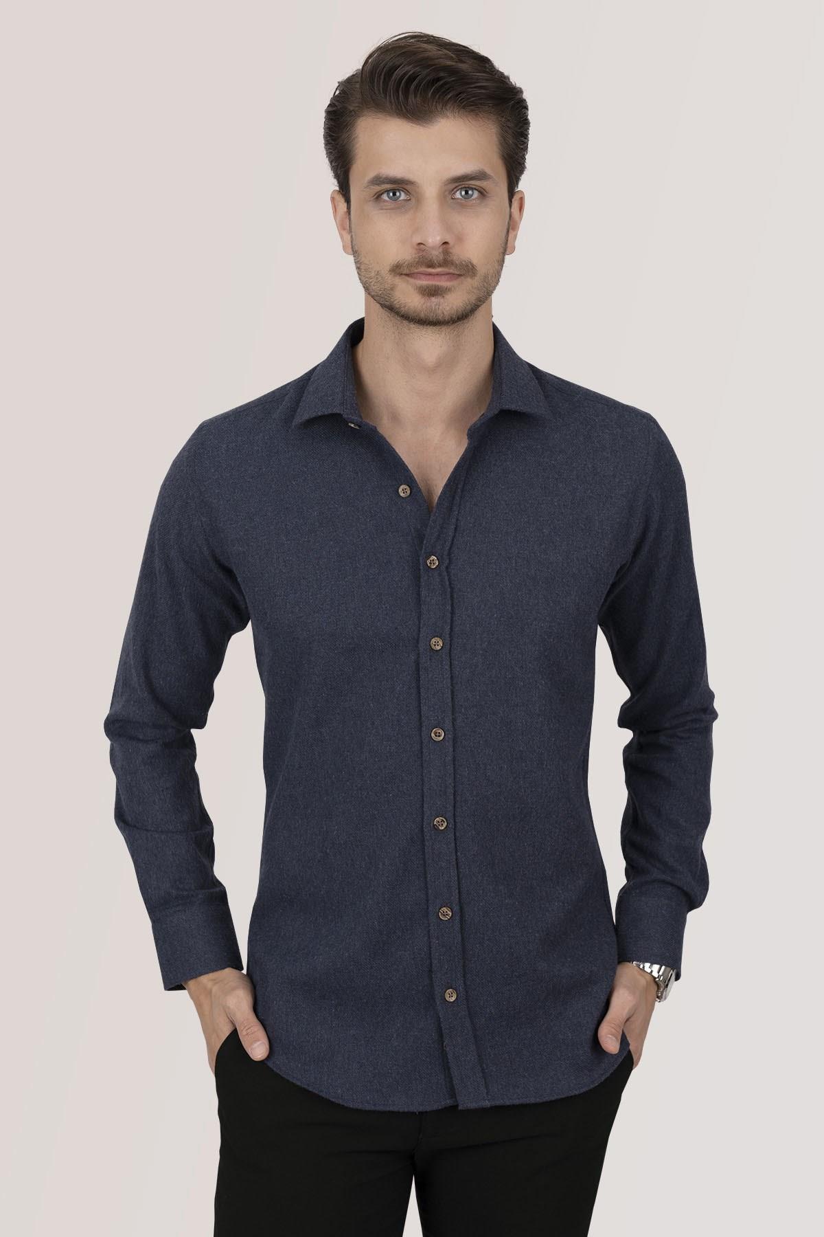 Lacivert Düz Slimfit Oduncu Erkek Gömlek · 5