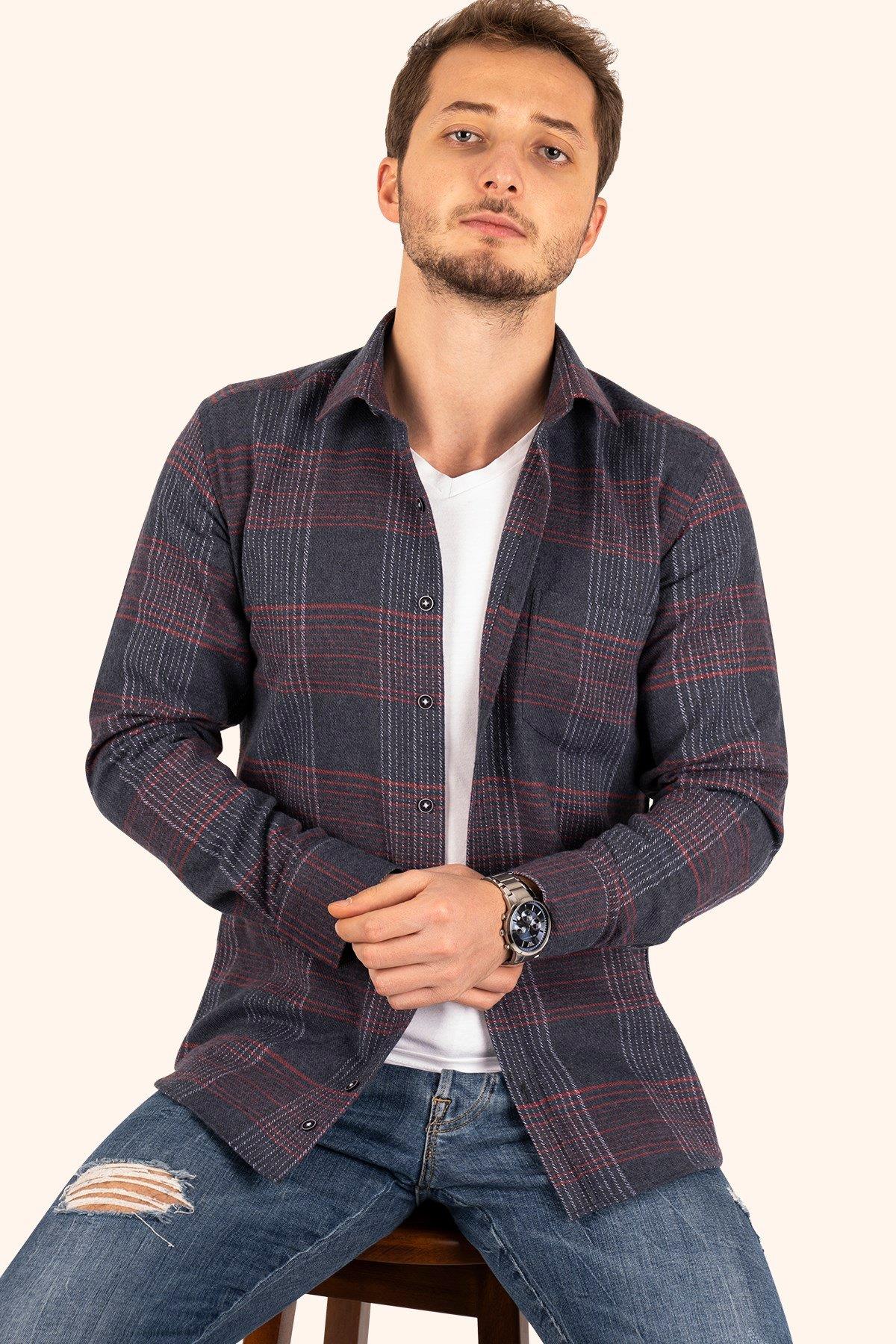 Lacivert Kırmızı Çizgili Slimfit Oduncu Erkek Gömlek · 4