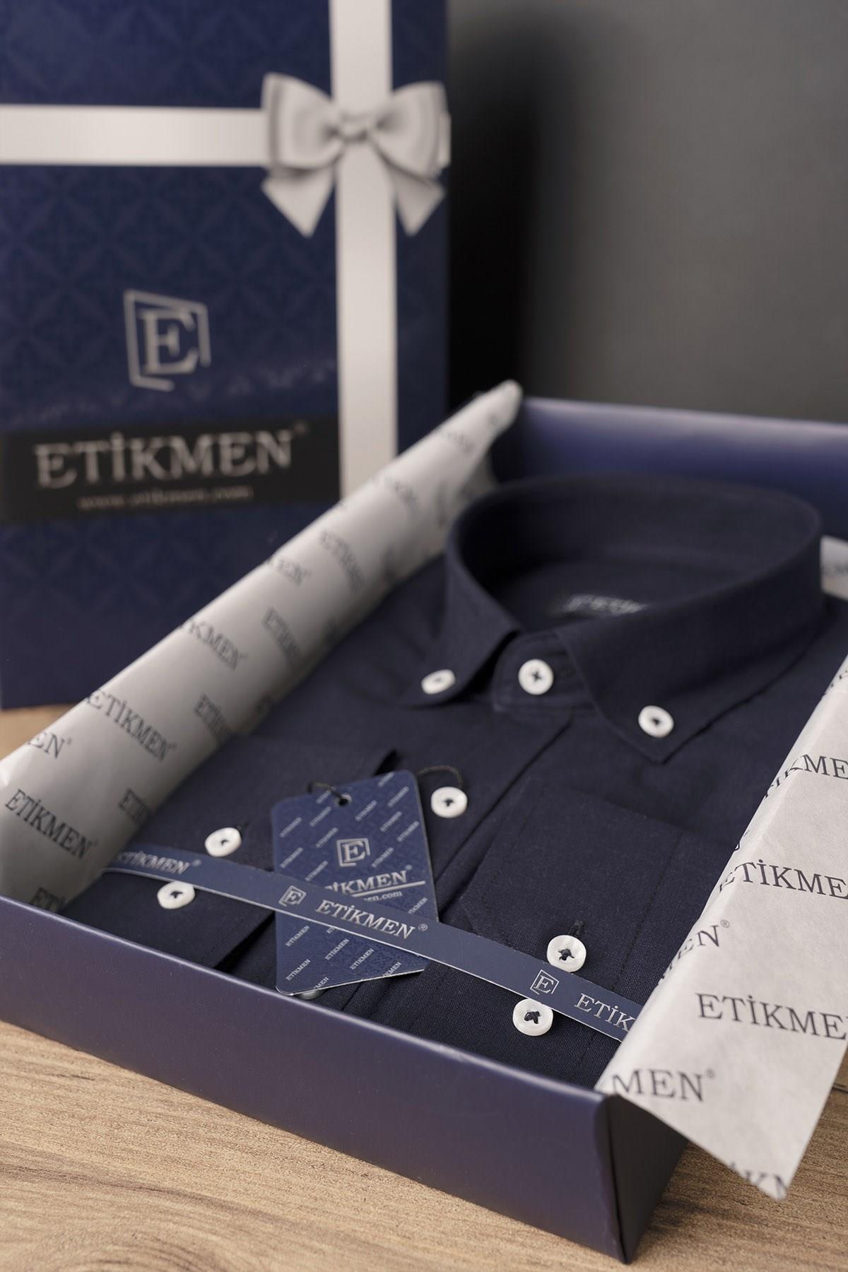 Lacivert Yaka Düğmeli Keten Slimfit Erkek Gömlek · 7