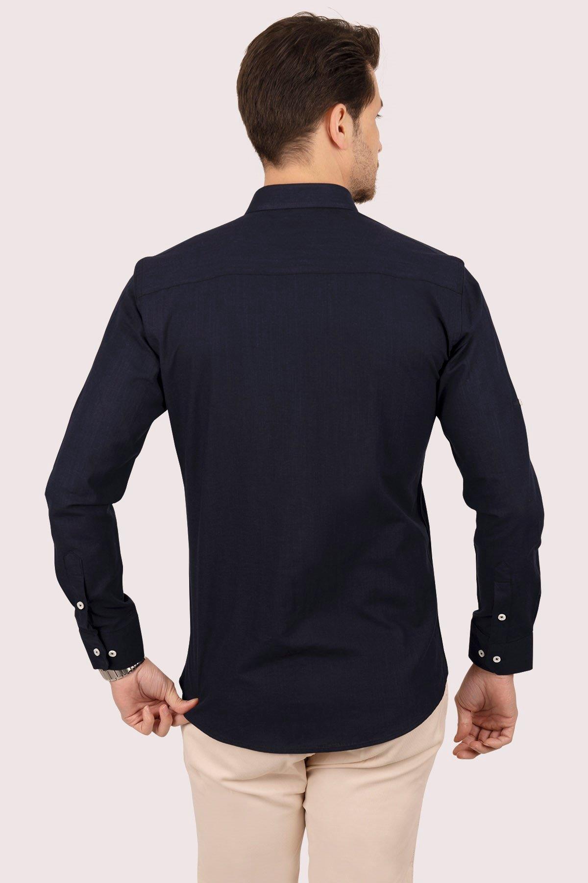 Lacivert Yaka Düğmeli Keten Slimfit Erkek Gömlek · 9