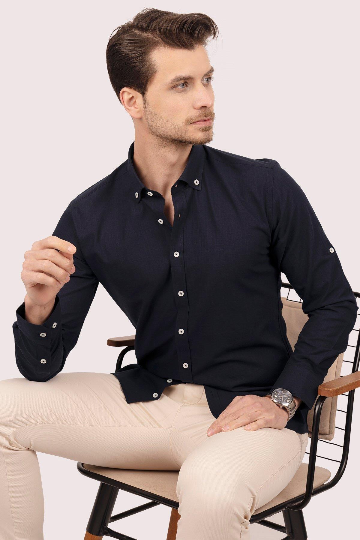 Lacivert Yaka Düğmeli Keten Slimfit Erkek Gömlek · 4