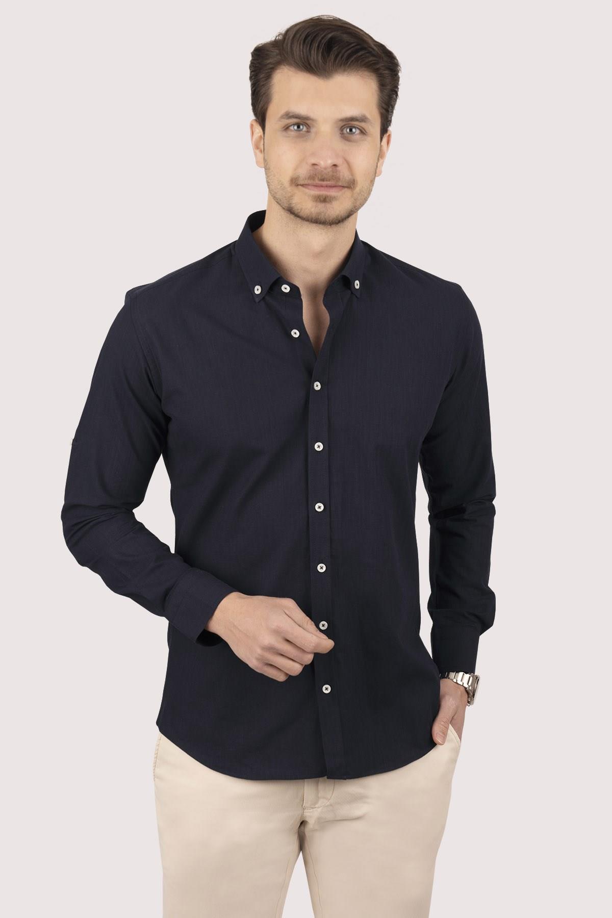 Lacivert Yaka Düğmeli Keten Slimfit Erkek Gömlek · 8