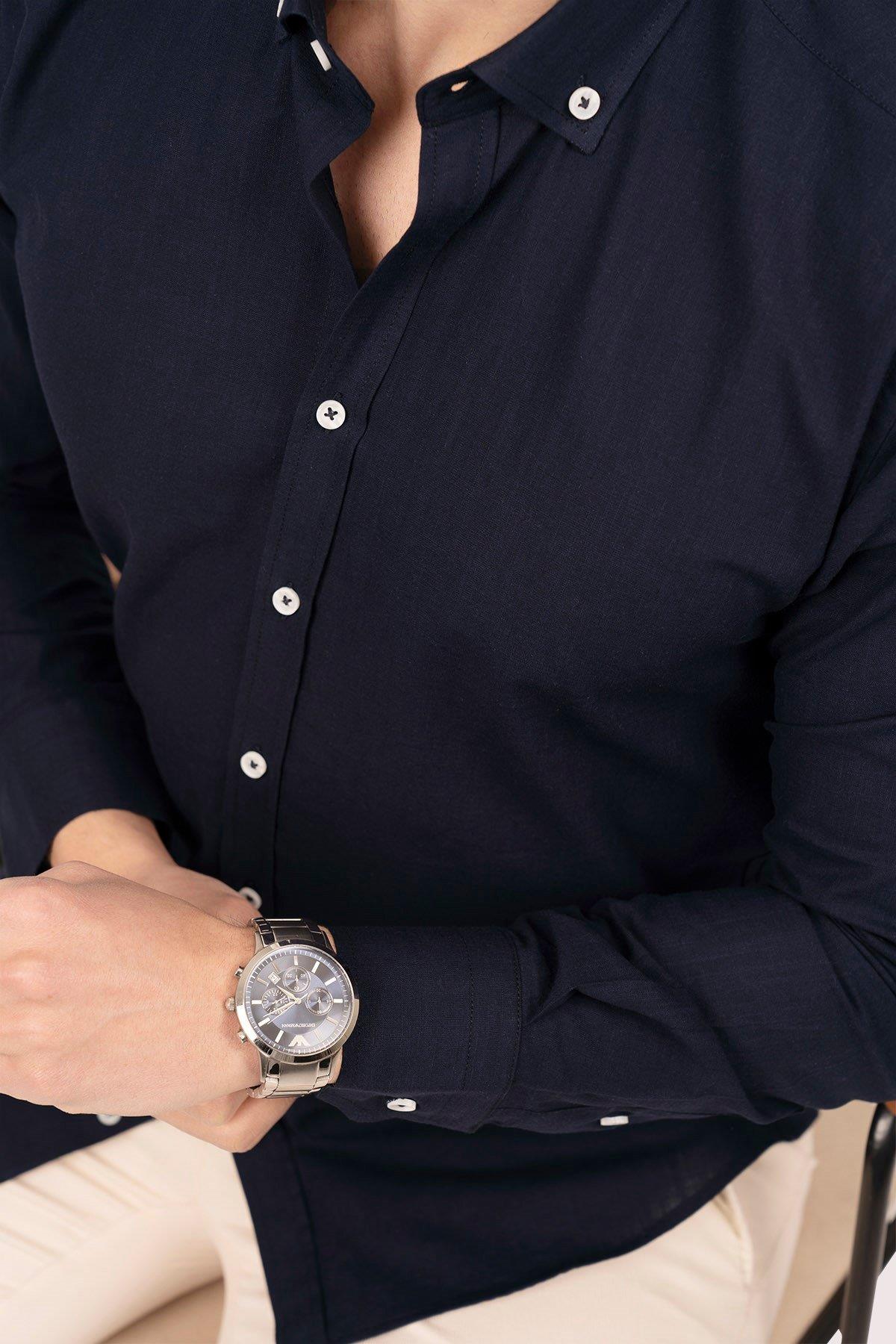 Lacivert Yaka Düğmeli Keten Slimfit Erkek Gömlek · 2