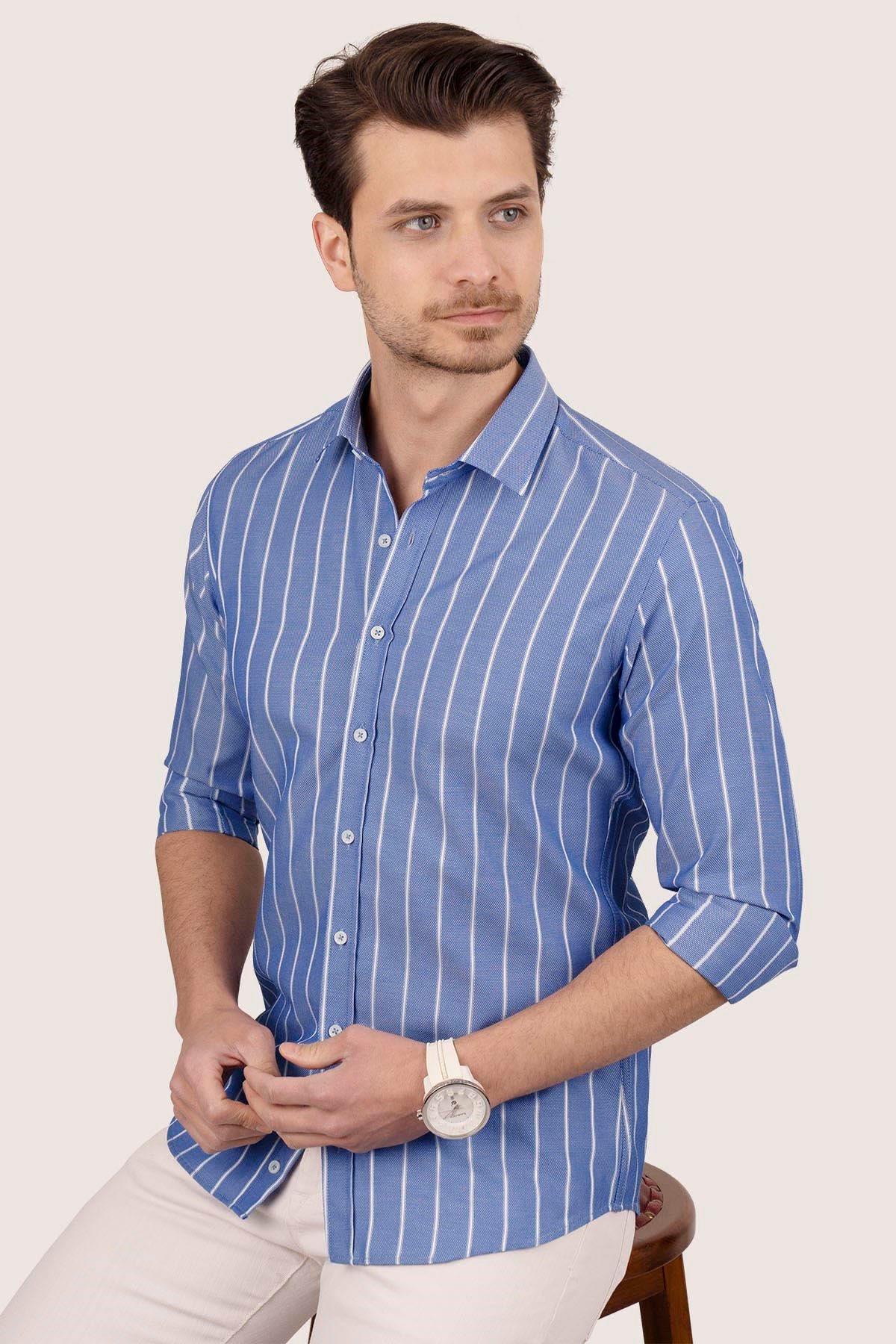 Mavi Beyaz Çizgili Slimfit Erkek Gömlek · 2