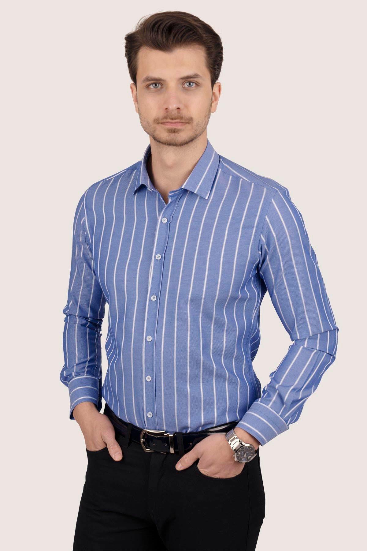 Mavi Beyaz Çizgili Slimfit Erkek Gömlek · 7