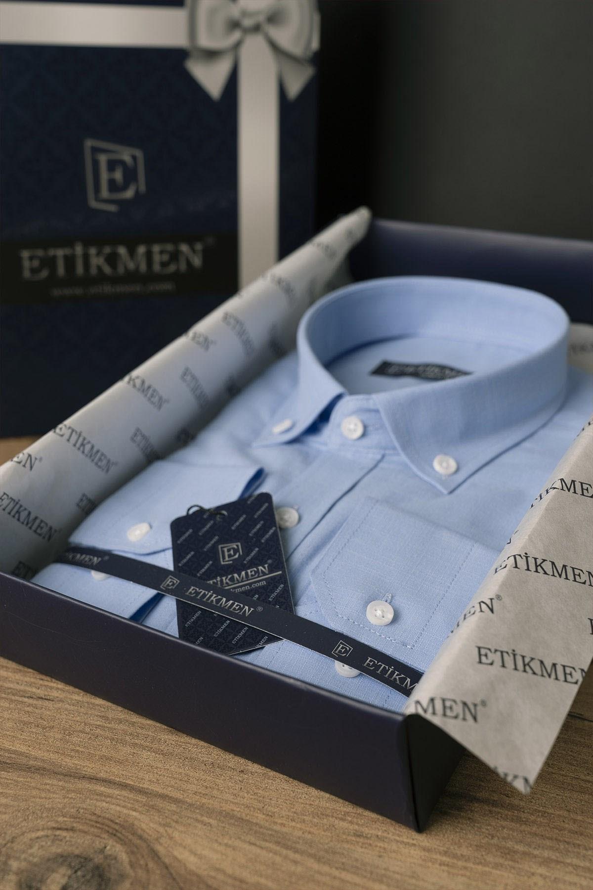 Mavi Yaka Düğmeli Keten Slimfit Erkek Gömlek · 7
