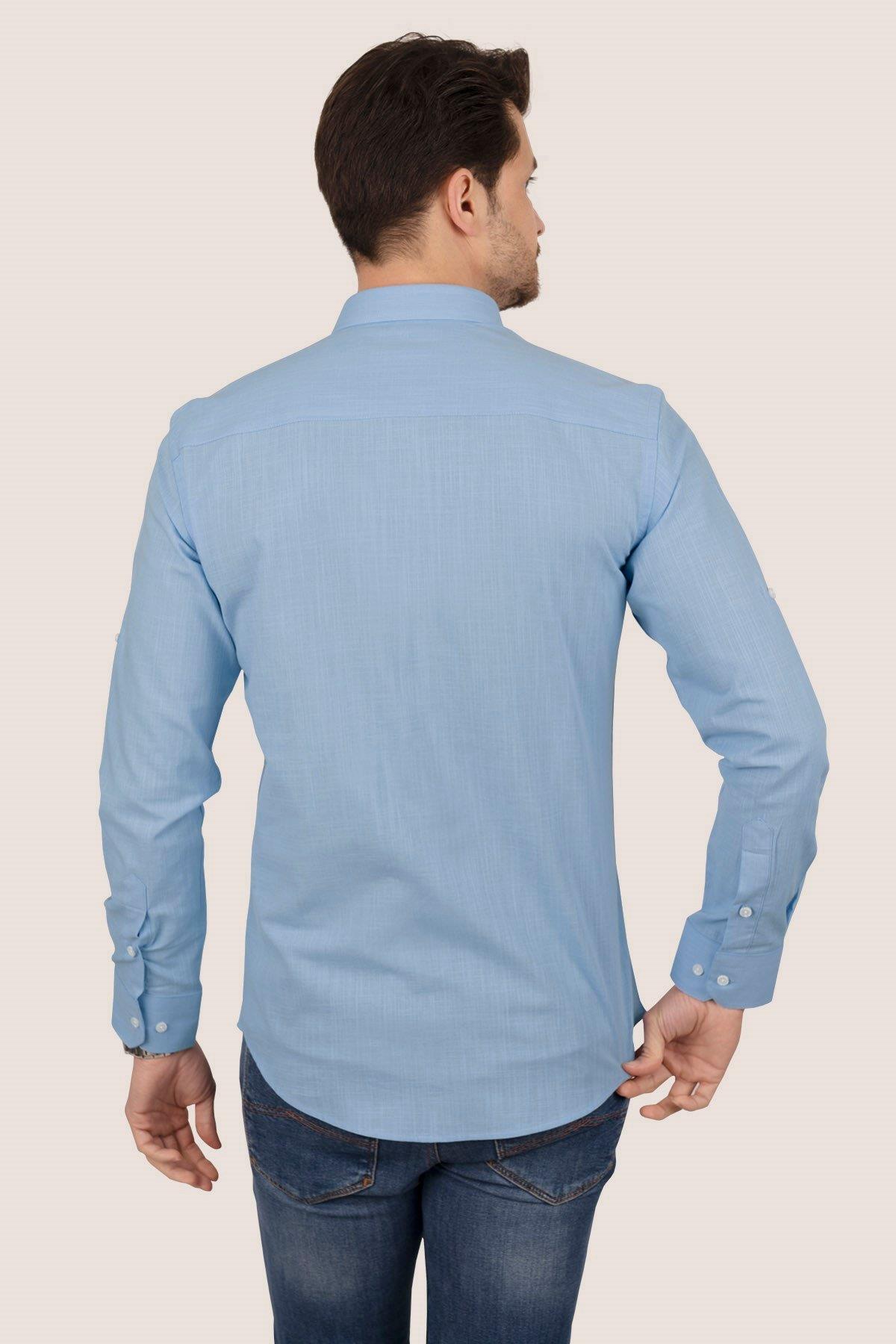 Mavi Yaka Düğmeli Keten Slimfit Erkek Gömlek · 8