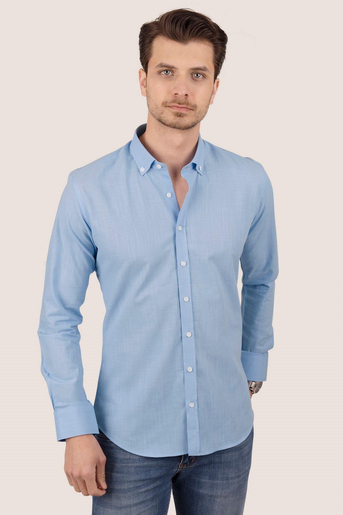 Mavi Yaka Düğmeli Keten Slimfit Erkek Gömlek · 9