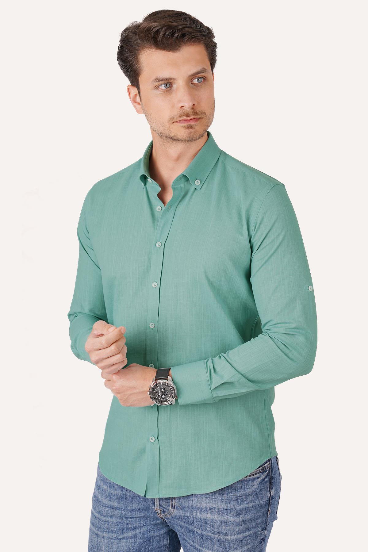 Mint Yaka Düğmeli Keten Slimfit Erkek Gömlek · 6