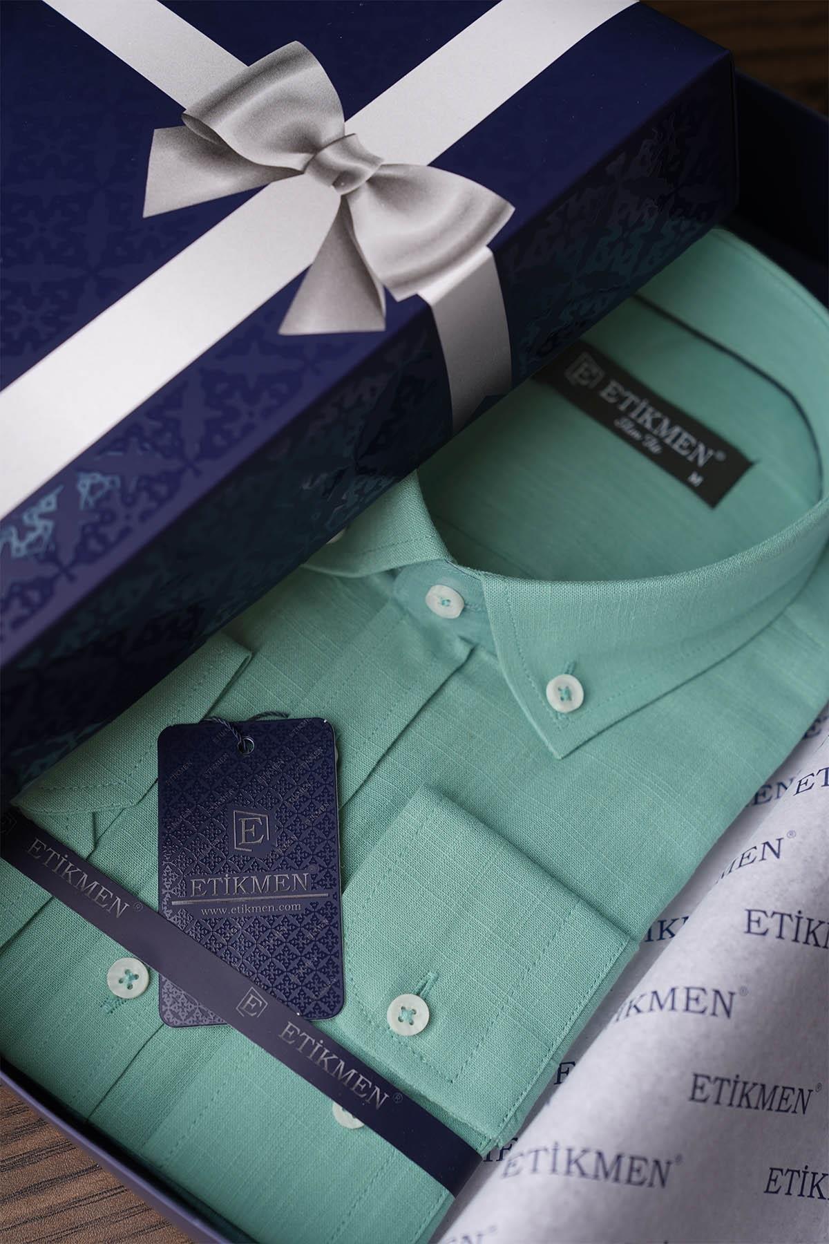 Mint Yaka Düğmeli Keten Slimfit Erkek Gömlek · 8