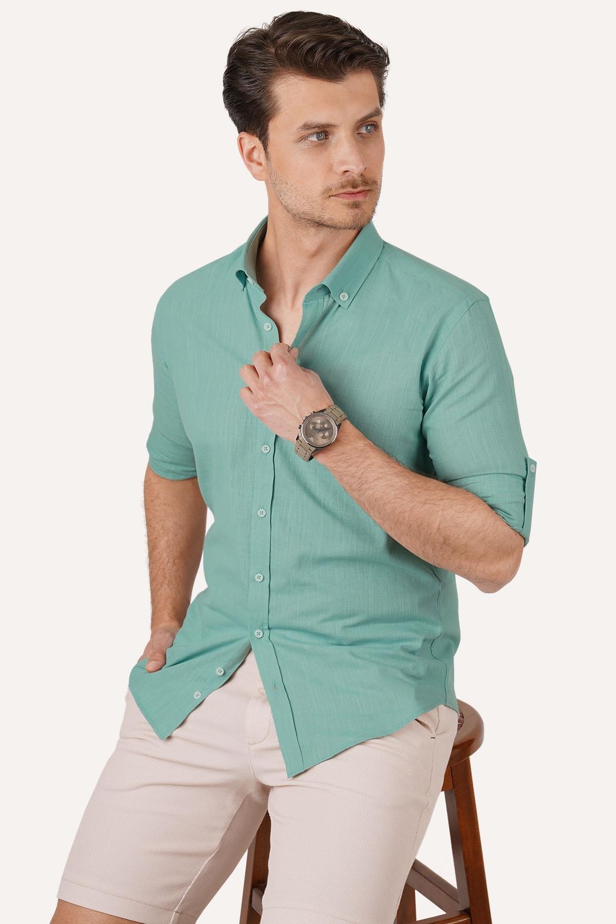 Mint Yaka Düğmeli Keten Slimfit Erkek Gömlek · 3