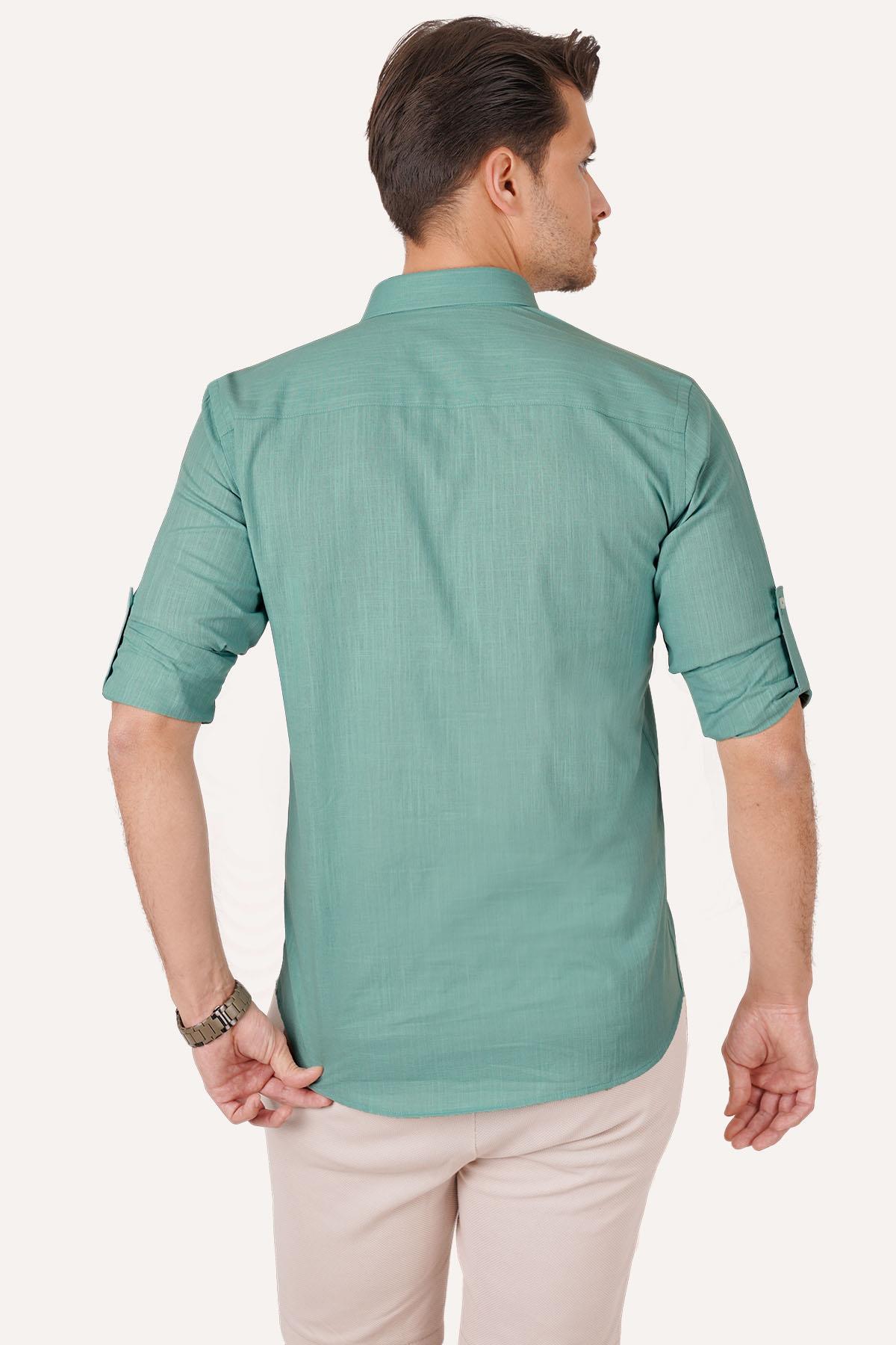Mint Yaka Düğmeli Keten Slimfit Erkek Gömlek · 7